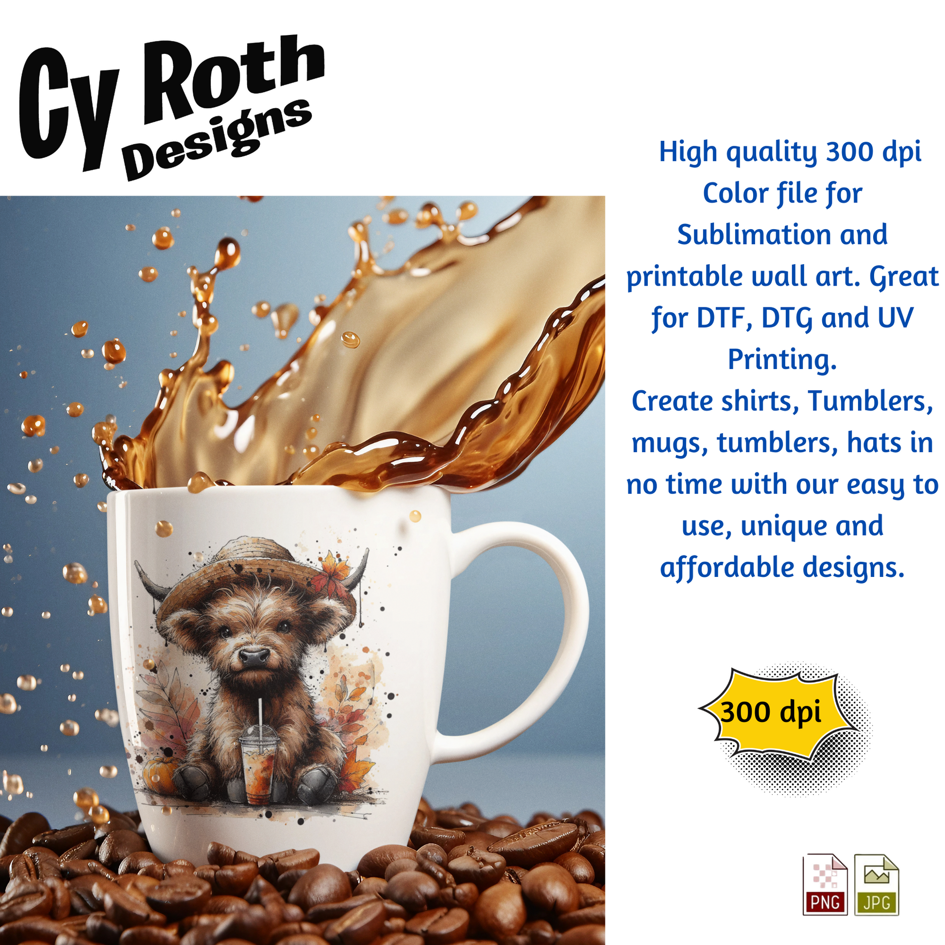 Coffee mug with image of Highland Cow with Fall Decor. This is a png file for tumblers, shirts, wall art. Downloadable file.