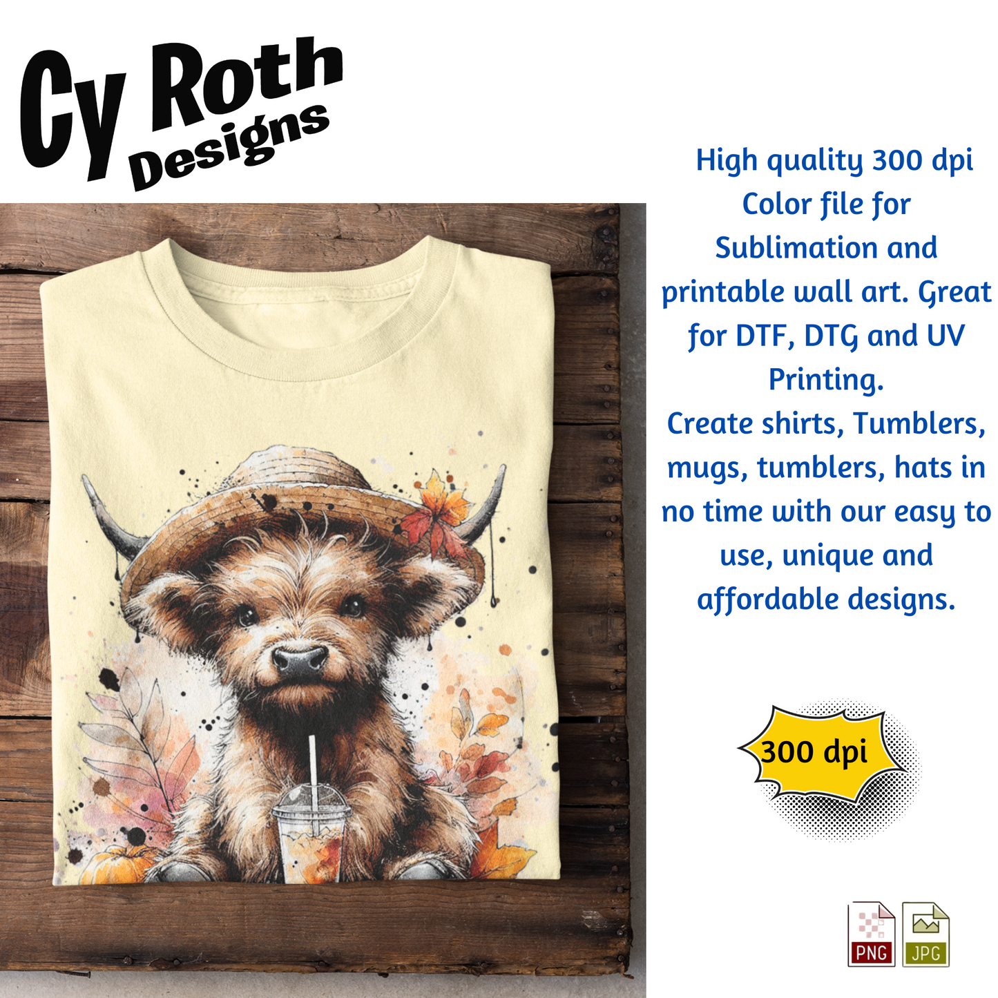Shirt with image of Highland Cow with Fall Decor. This is a png file for tumblers, shirts, wall art. Downloadable file.