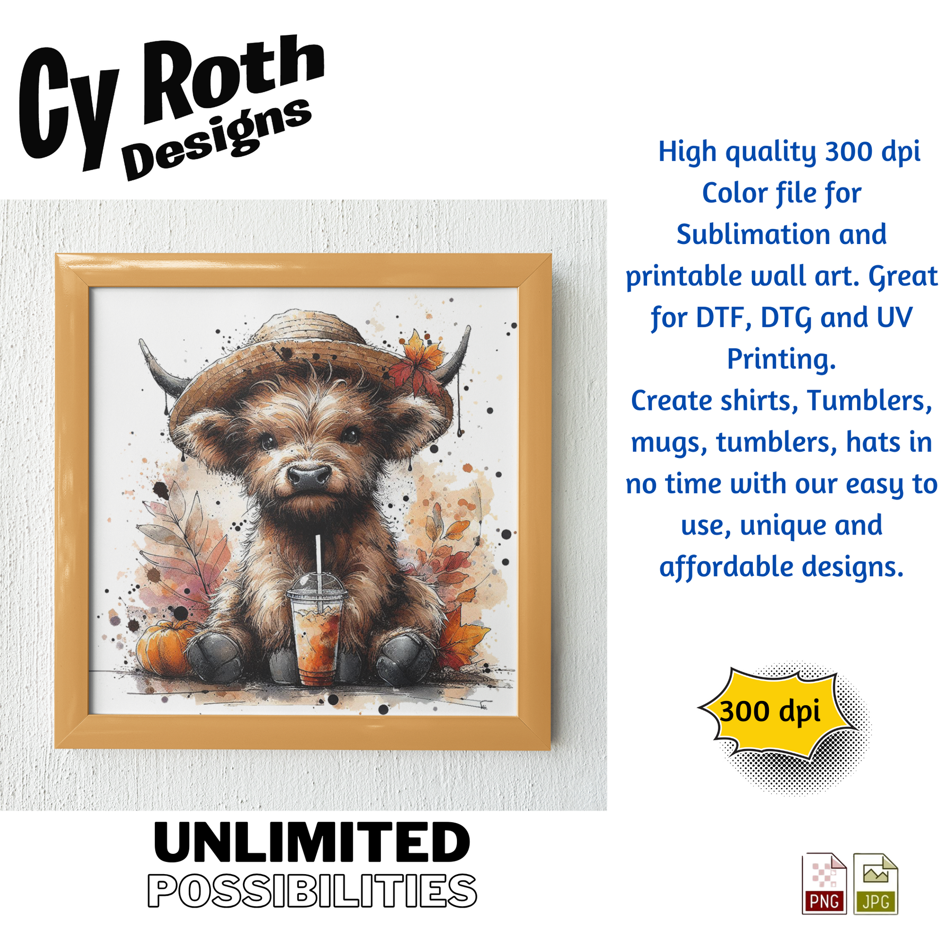 Wall art featuring an image of Highland Cow with Fall Decor. This is a png file for tumblers, shirts, wall art. Downloadable file.