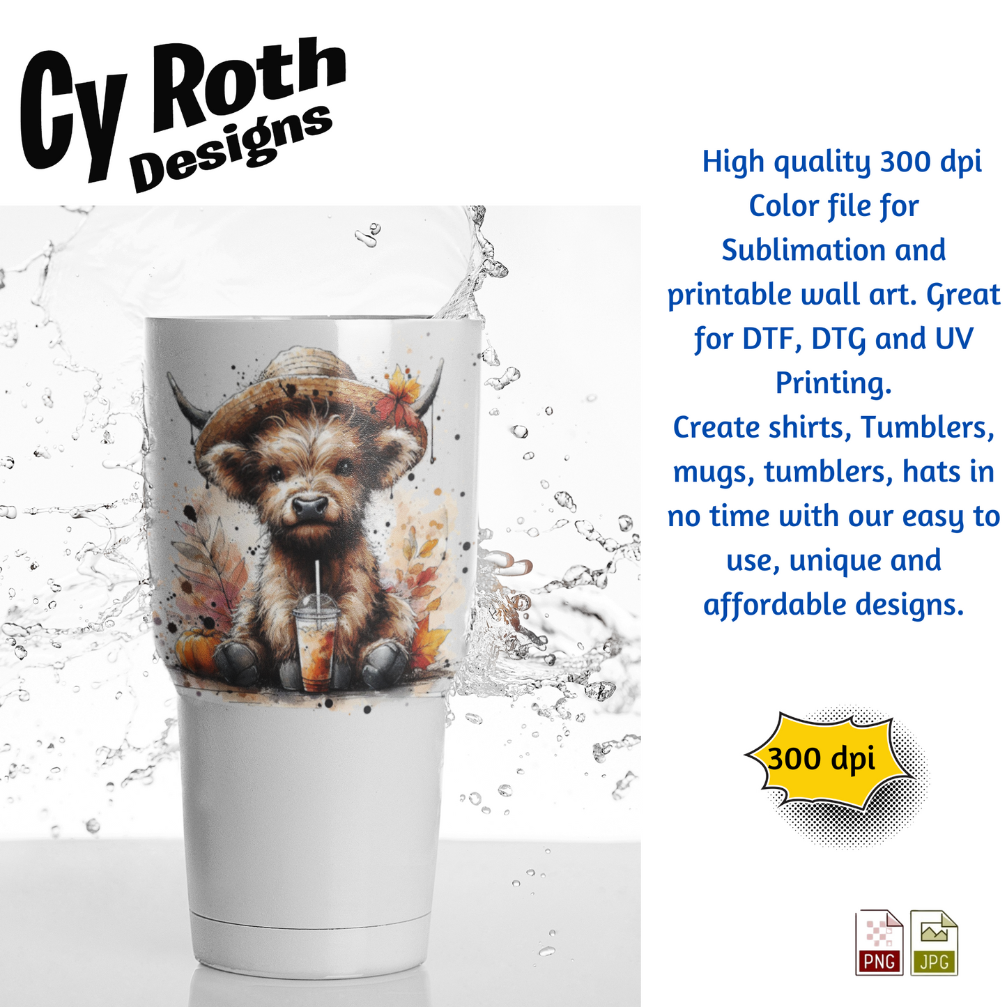 Travel tumbler with image of Highland Cow with Fall Decor. This is a png file for tumblers, shirts, wall art. Downloadable file.