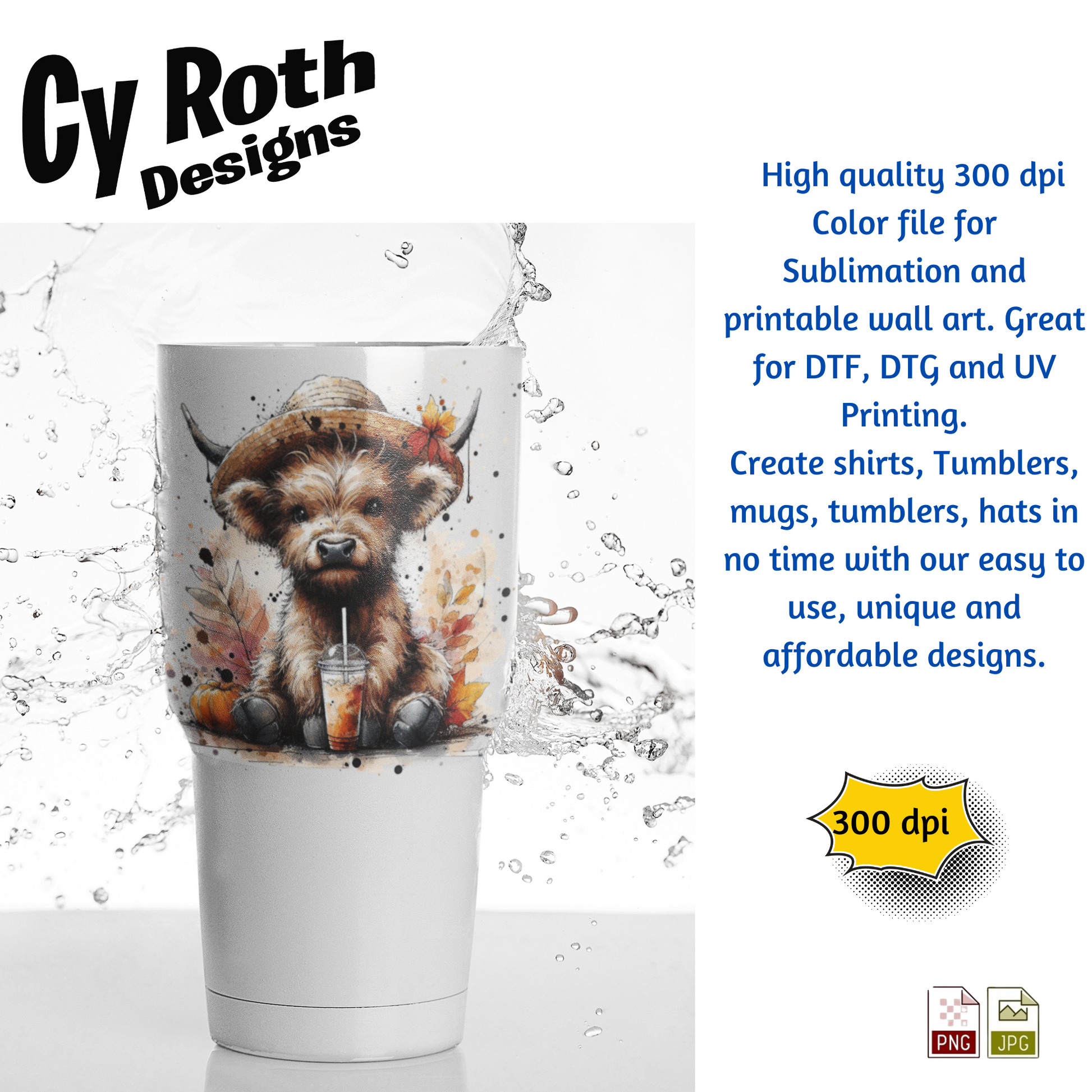 Travel tumbler with image of Highland Cow with Fall Decor. This is a png file for tumblers, shirts, wall art. Downloadable file.