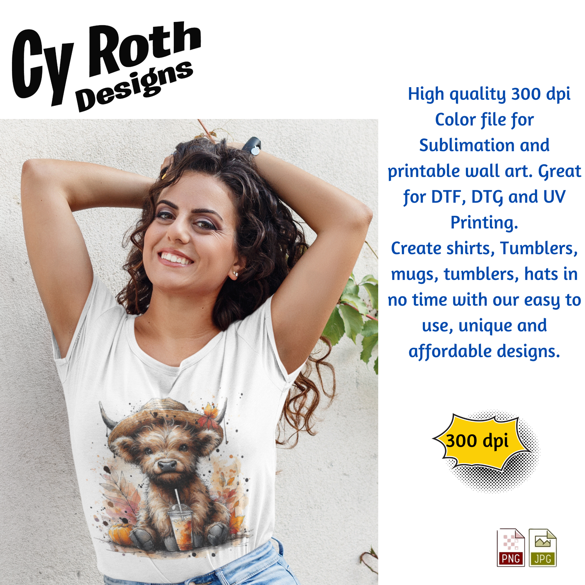 Woman wearing white t-shirt with image of Highland Cow with Fall Decor. This is a png file for tumblers, shirts, wall art. Downloadable file.