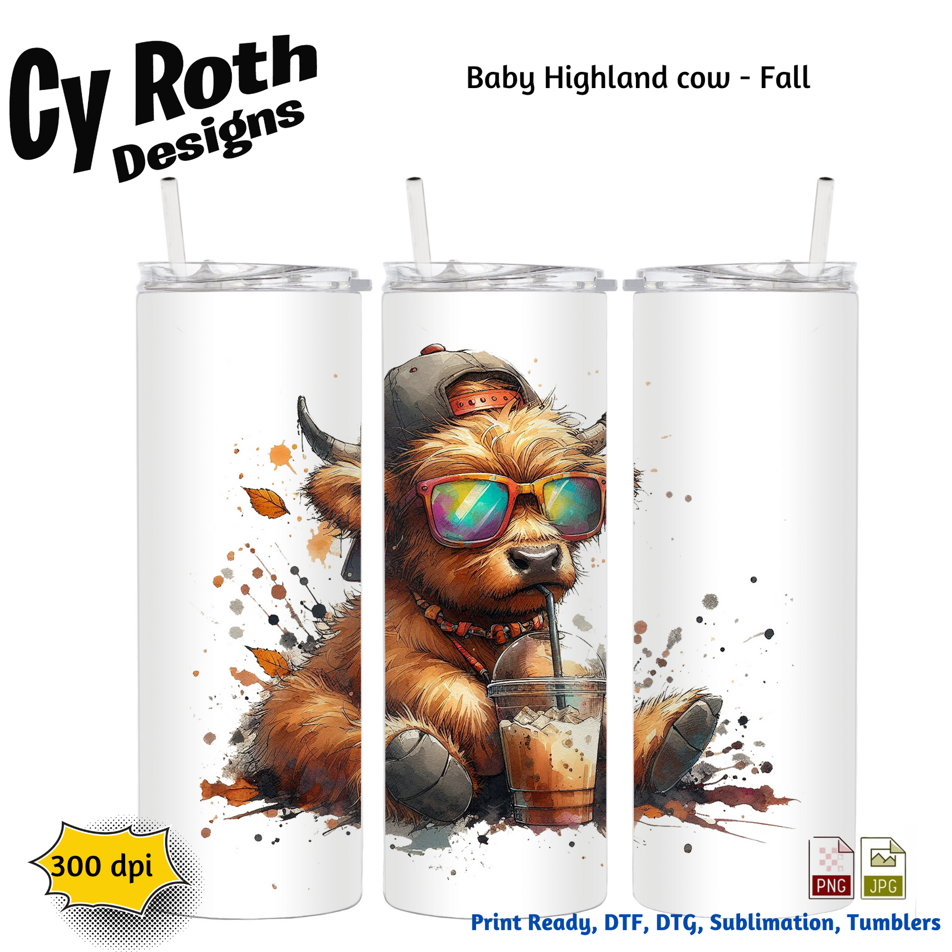 20 oz tumbler file of a Baby Highland Cow with Fall decor. This is a sublimation file to make tumblers, t-Shirts, Printable Wall Art, Sweatshirts. Downloadable file.