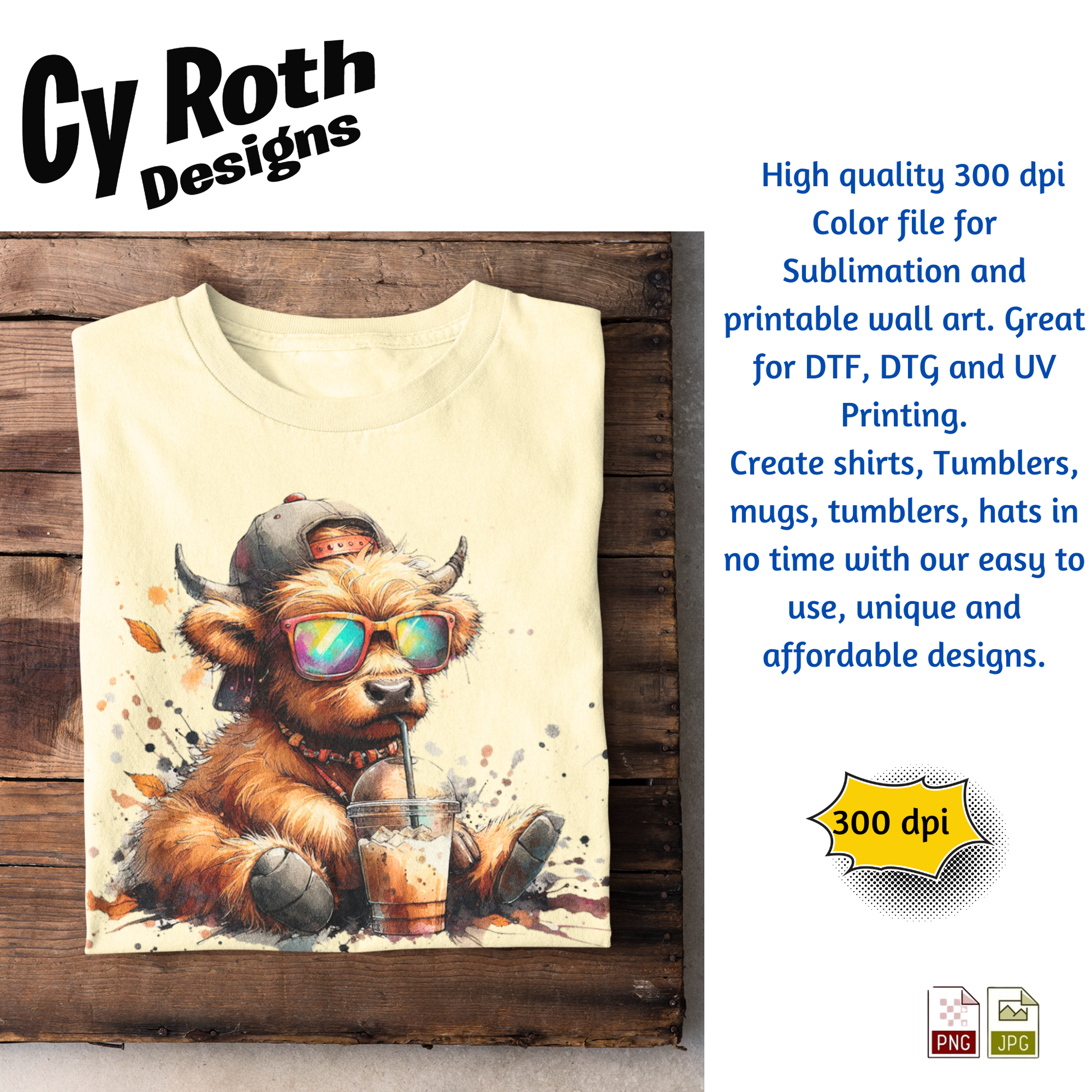 T-shirt design with Baby Highland Cow with Fall decor. This is a sublimation file to make tumblers, t-Shirts, Printable Wall Art, Sweatshirts. Downloadable file.
