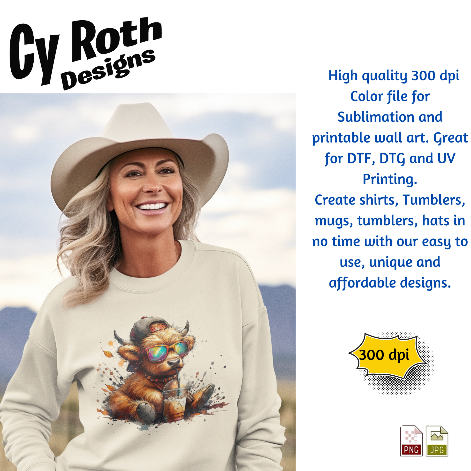 Woman wearing a sweatshirt with an image of a Baby Highland Cow with Fall decor. This is a sublimation file to make tumblers, t-Shirts, Printable Wall Art, Sweatshirts. Downloadable file.