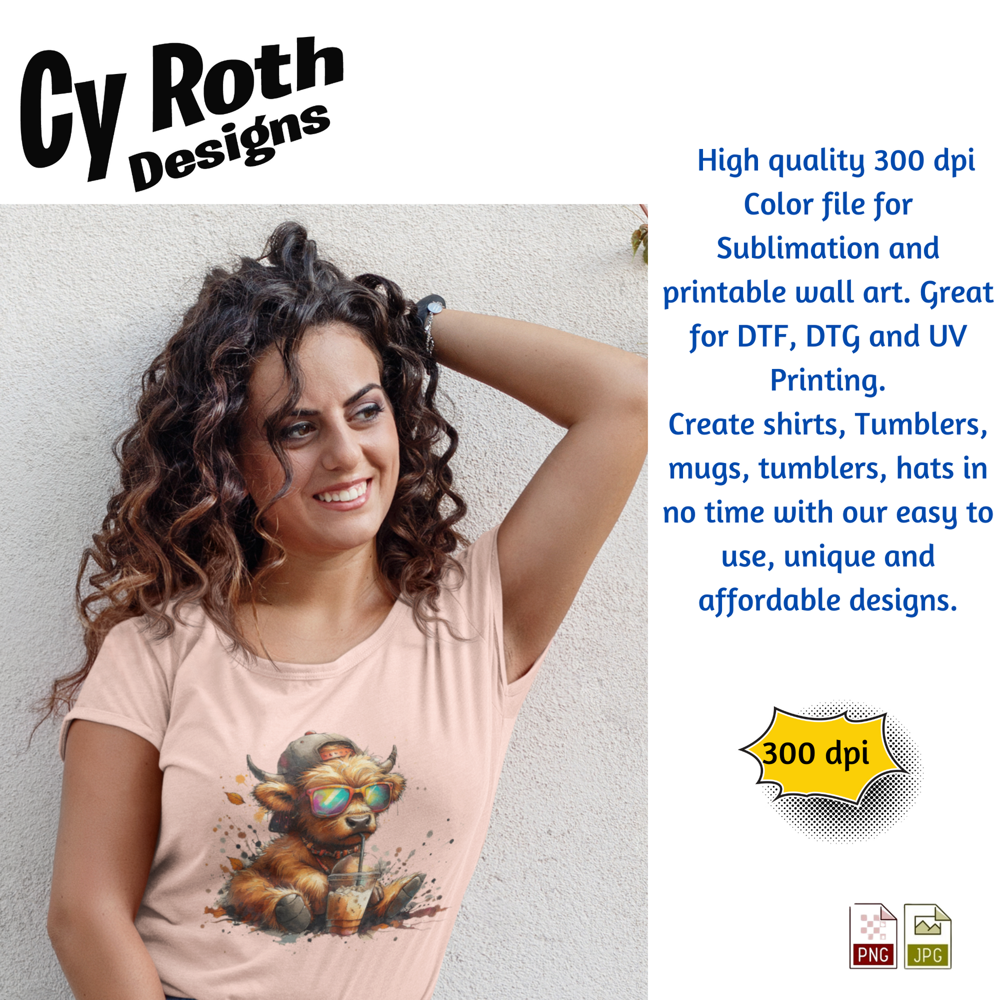 Woman wearing a t-shirt with an image of a Baby Highland Cow with Fall decor. This is a sublimation file to make tumblers, t-Shirts, Printable Wall Art, Sweatshirts. Downloadable file.