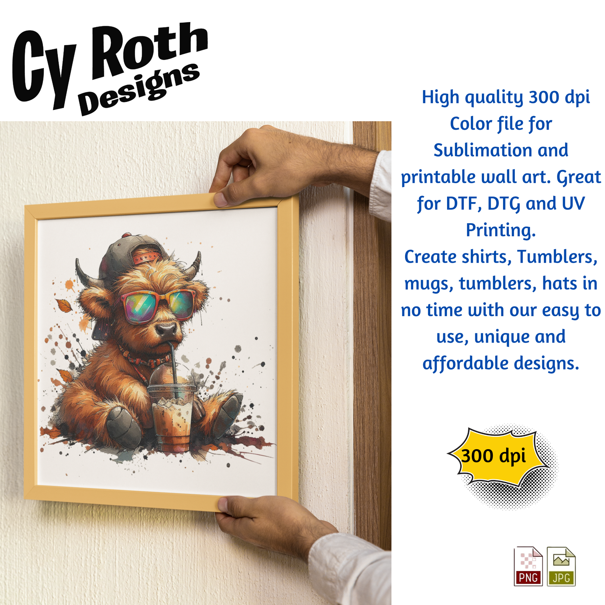 Framed artwork of a Baby Highland Cow with Fall decor. This is a sublimation file to make tumblers, t-Shirts, Printable Wall Art, Sweatshirts. Downloadable file.
