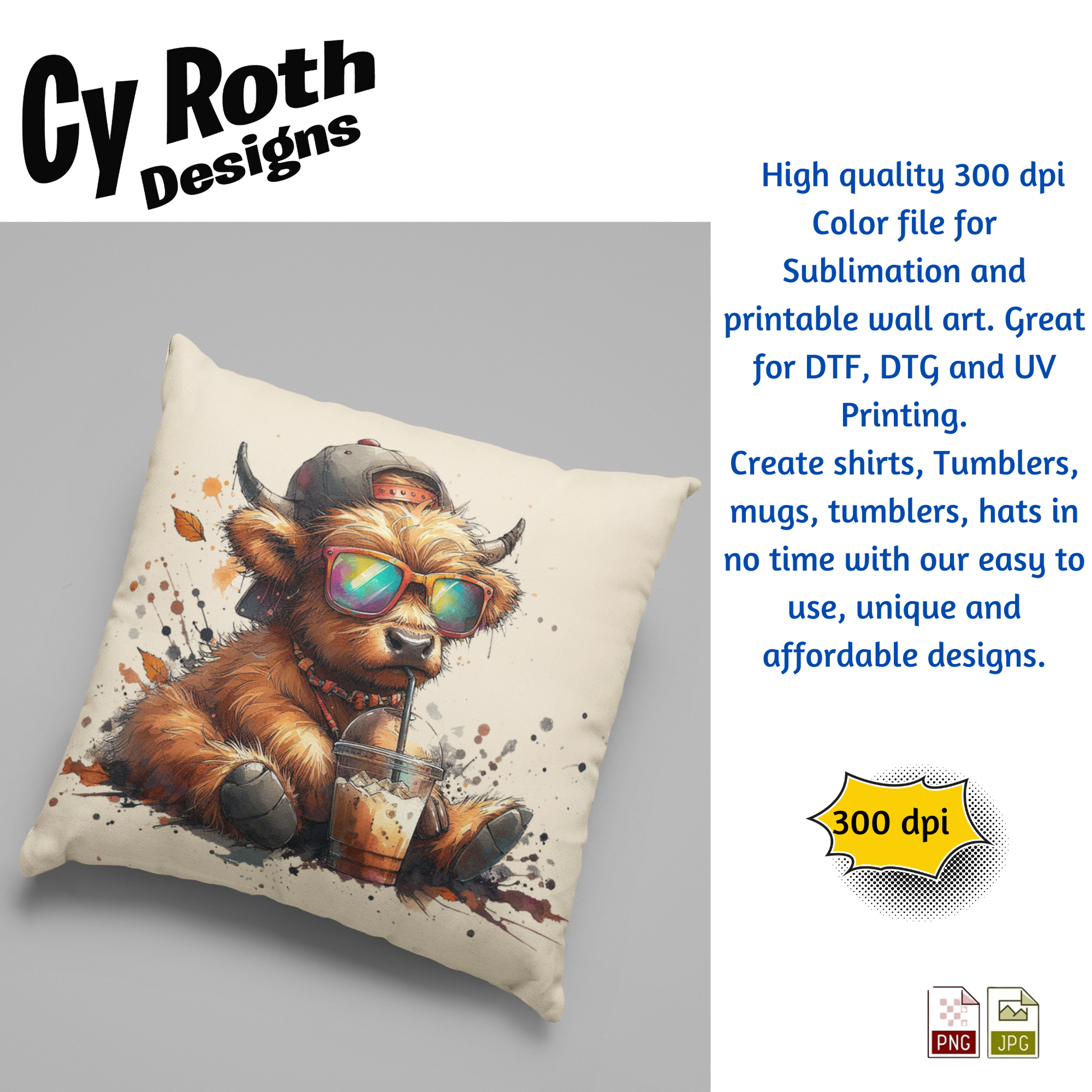 Decorative pillow featuring a Baby Highland Cow with Fall decor. This is a sublimation file to make tumblers, t-Shirts, Printable Wall Art, Sweatshirts. Downloadable file.