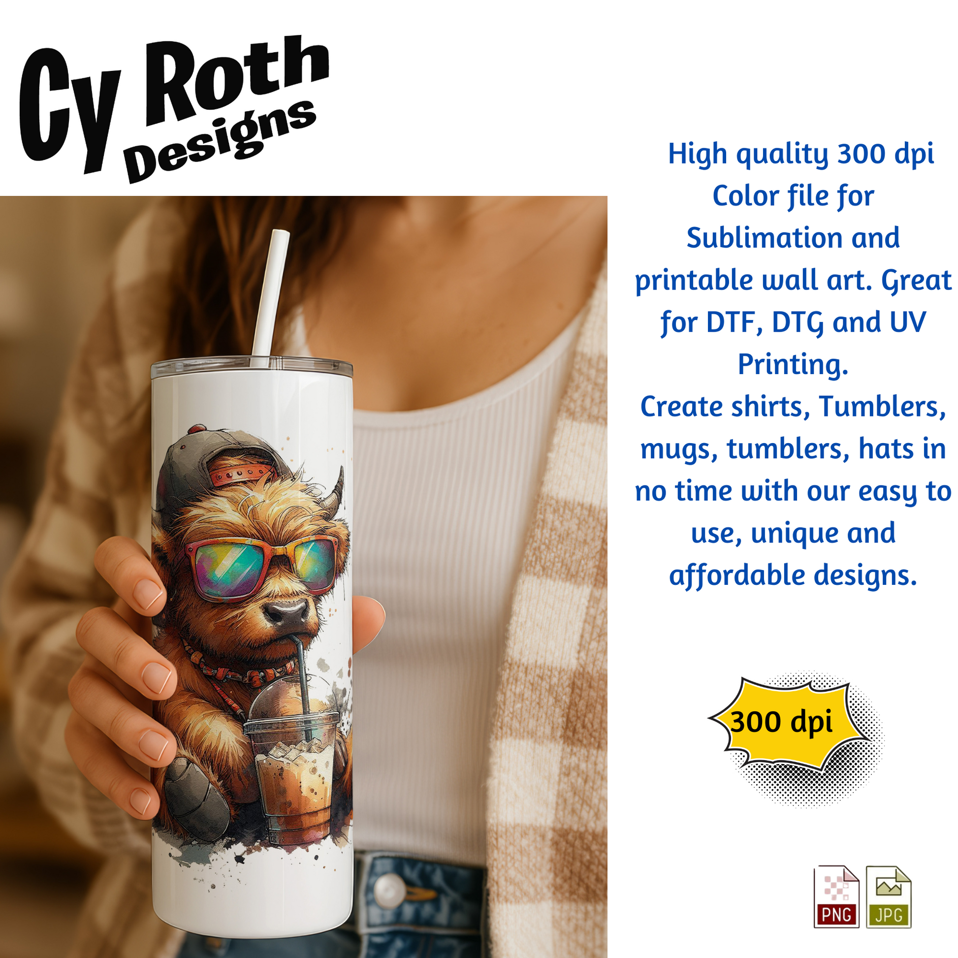 Woman holding a skinny tumbler with an image of a Baby Highland Cow with Fall decor. This is a sublimation file to make tumblers, t-Shirts, Printable Wall Art, Sweatshirts. Downloadable file.