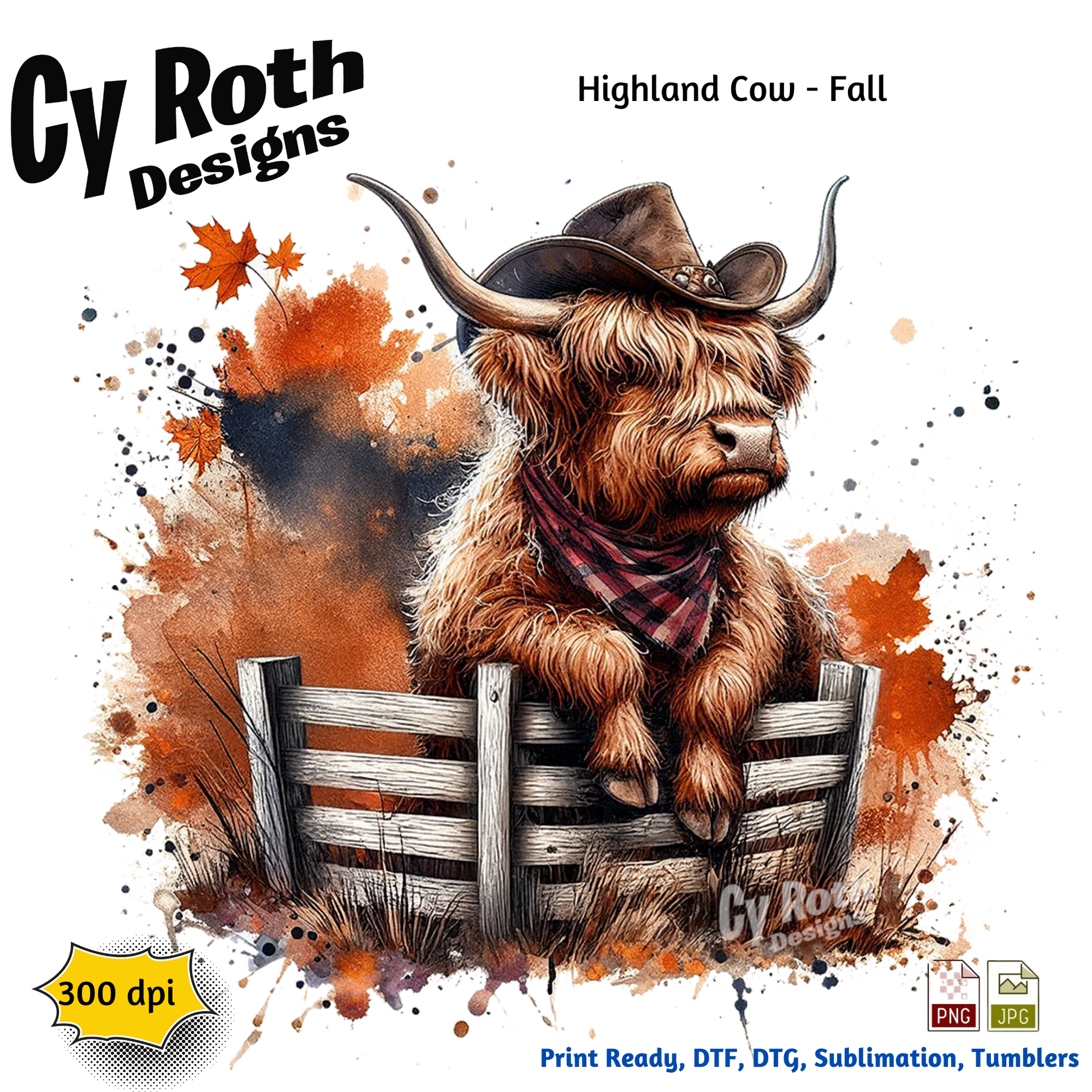 Highland cow wearing a cowboy hat with autumn leaves and splashes of color, featuring Cy Roth Designs branding.