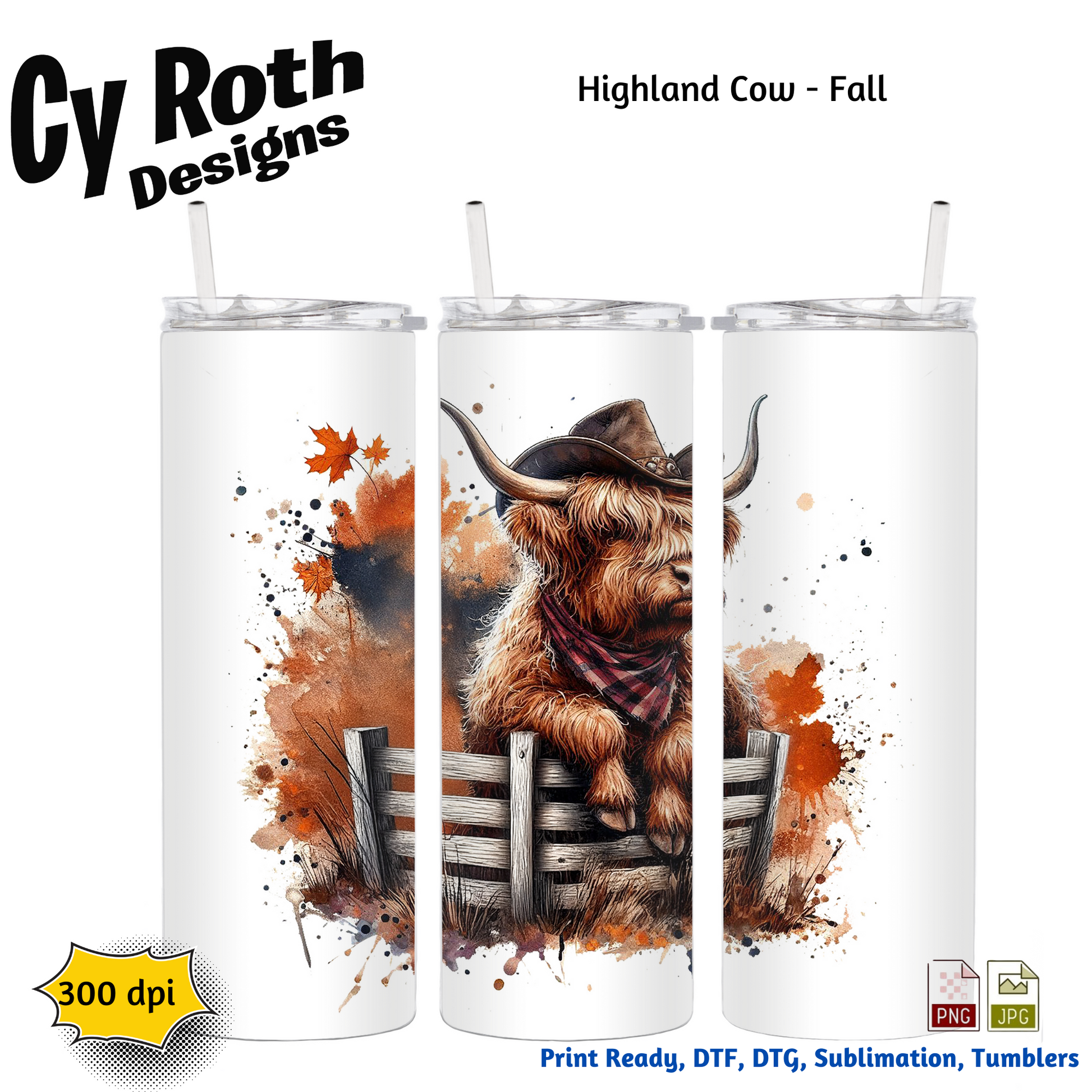 20 oz tumbler sublimation design of a Highland Cow with Fall Decor