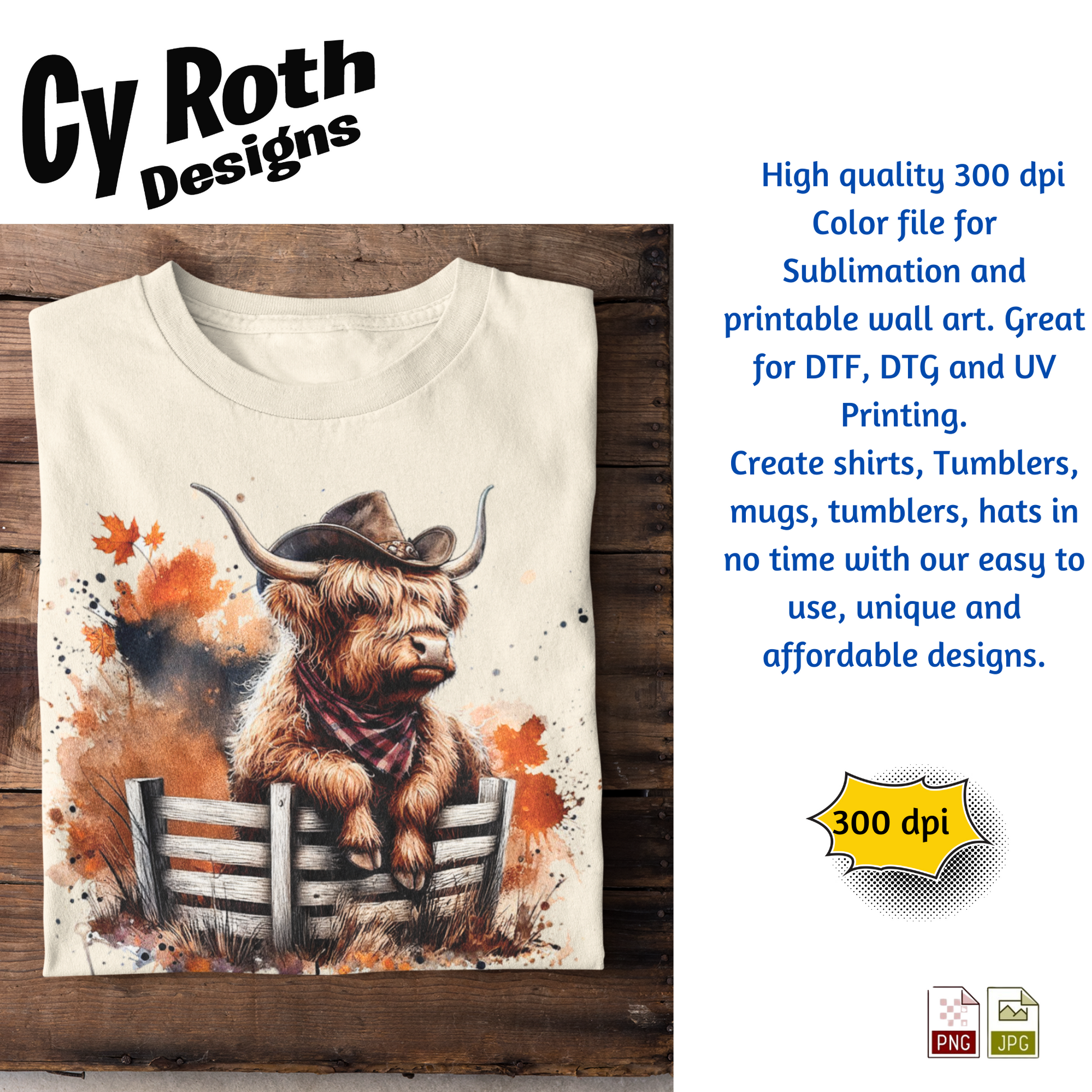 T-shirt with a highland cow design on a wooden background