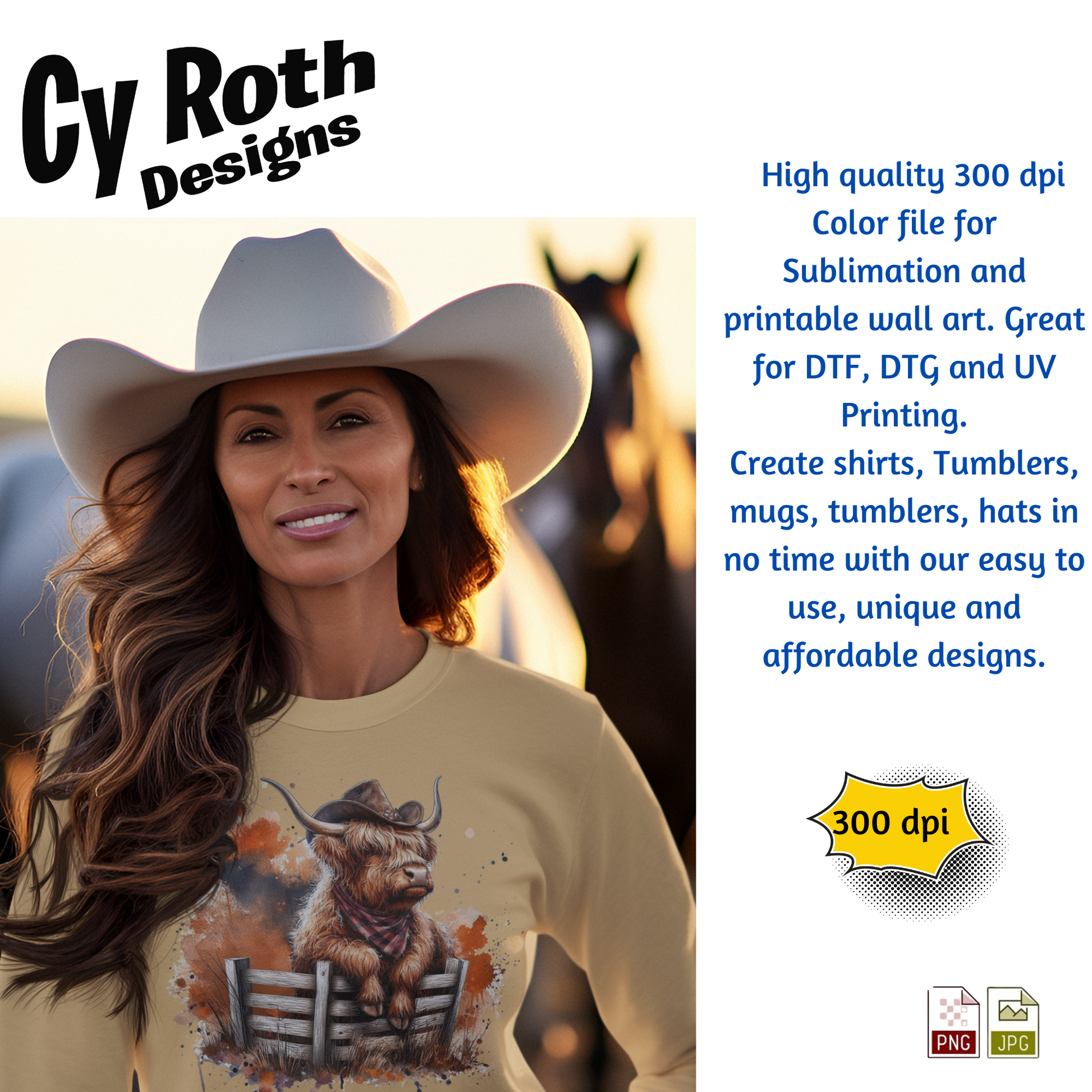 Woman wearing a beige shirt with a highland cow design, featuring Cy Roth Designs text and product details.