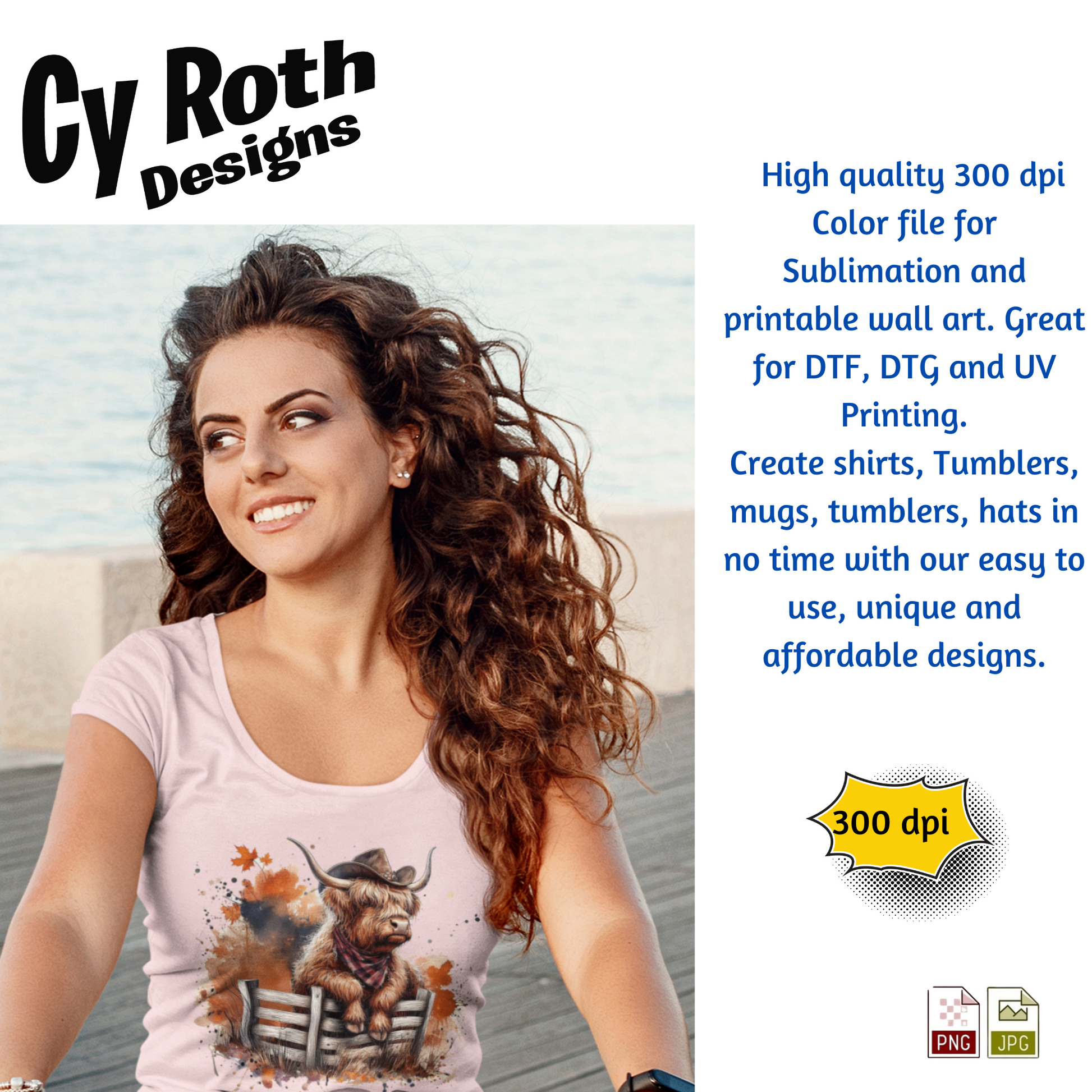 Woman wearing pink t-shirt featuring a Highland Cow with Fall Decor