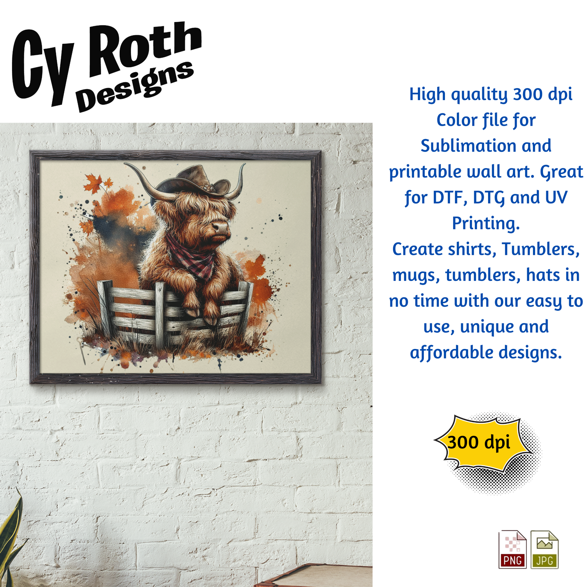 Framed artwork with image of a Highland Cow with Fall Decor