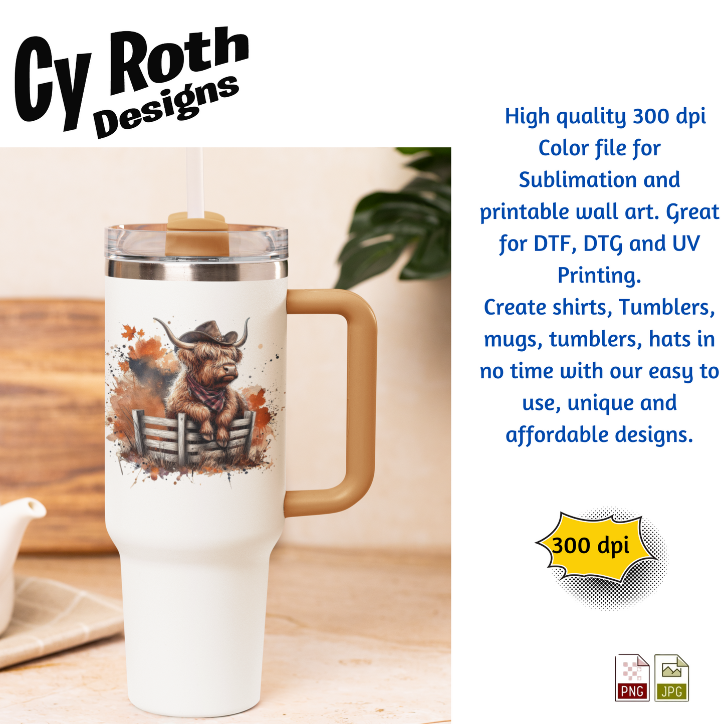 White travel tumbler with image of a Highland Cow with Fall Decor