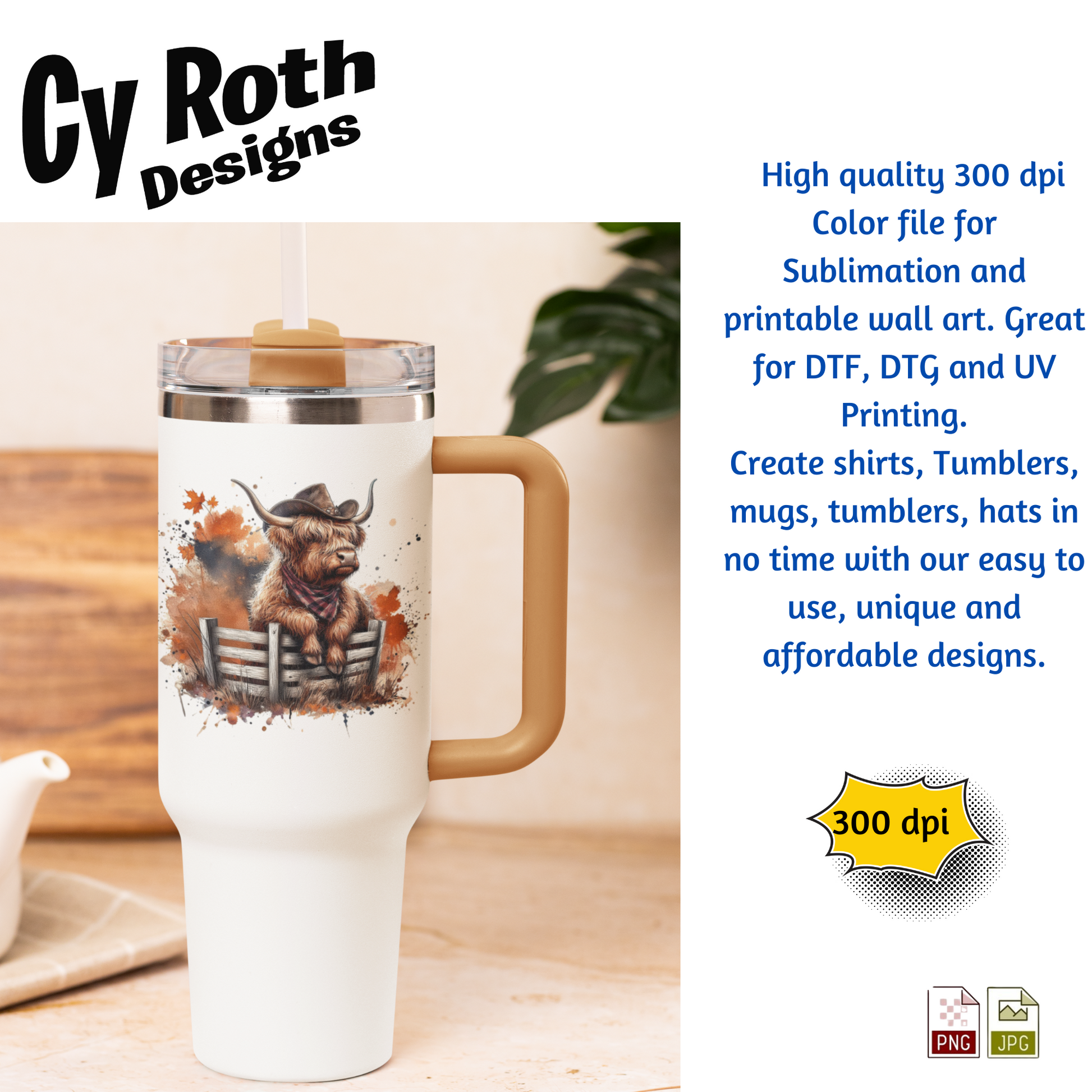 White travel tumbler with image of a Highland Cow with Fall Decor