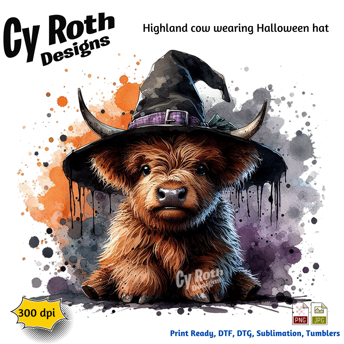 Highland cow wearing a Halloween witch hat with 'Cy Roth Designs' branding.