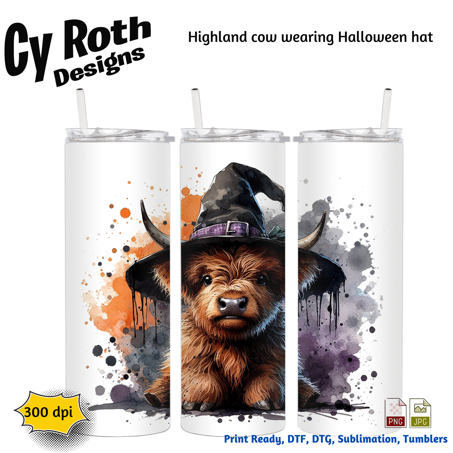Tumblers with a Highland cow wearing a Halloween hat design, branded 'Cy Roth Designs'.