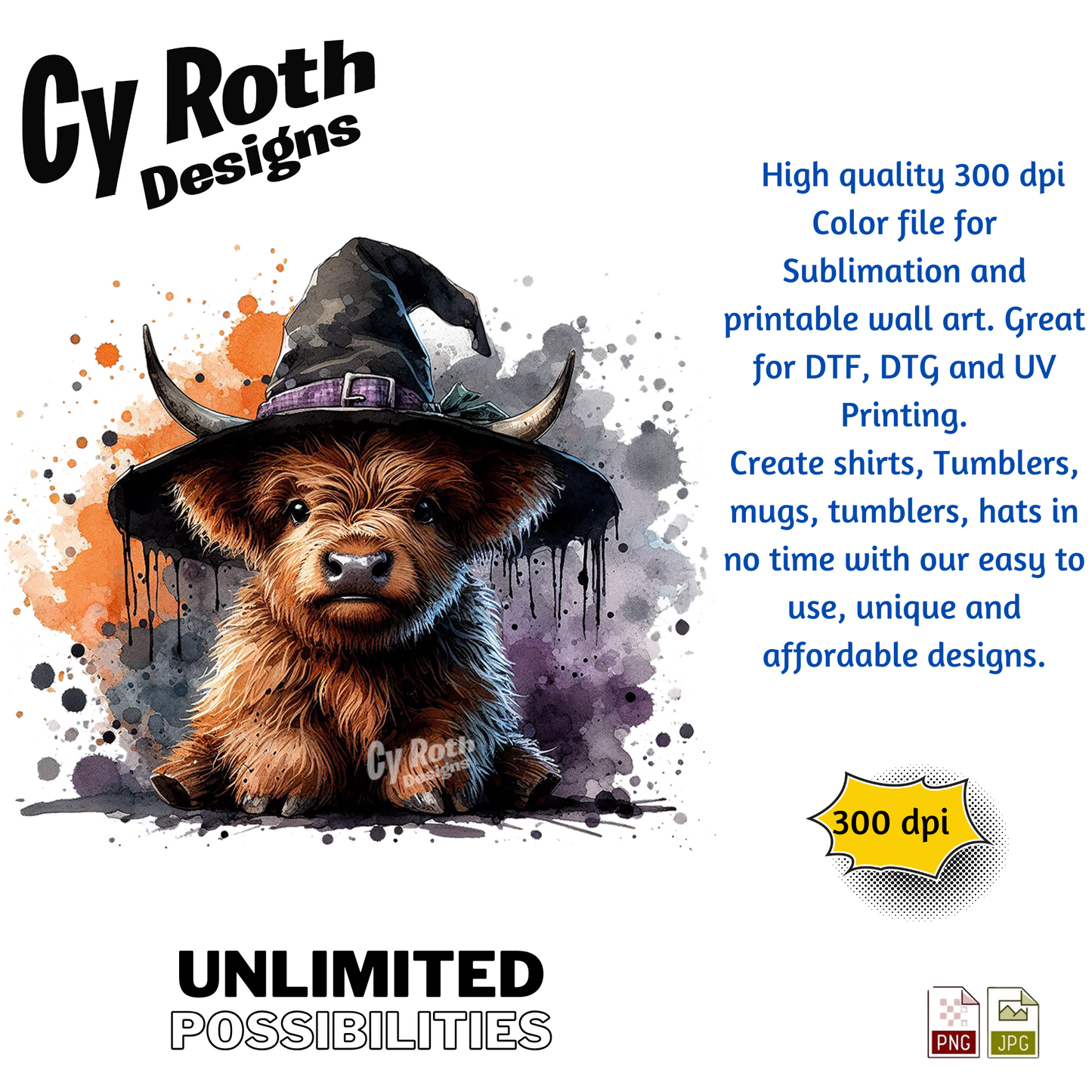 Illustration of a cow wearing a witch hat with promotional text for Cy Roth Designs.
