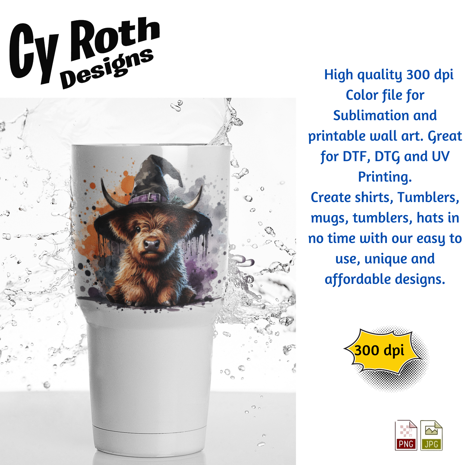 White tumbler with Highland Cow wearing a Halloween hat and Cy Roth Designs branding