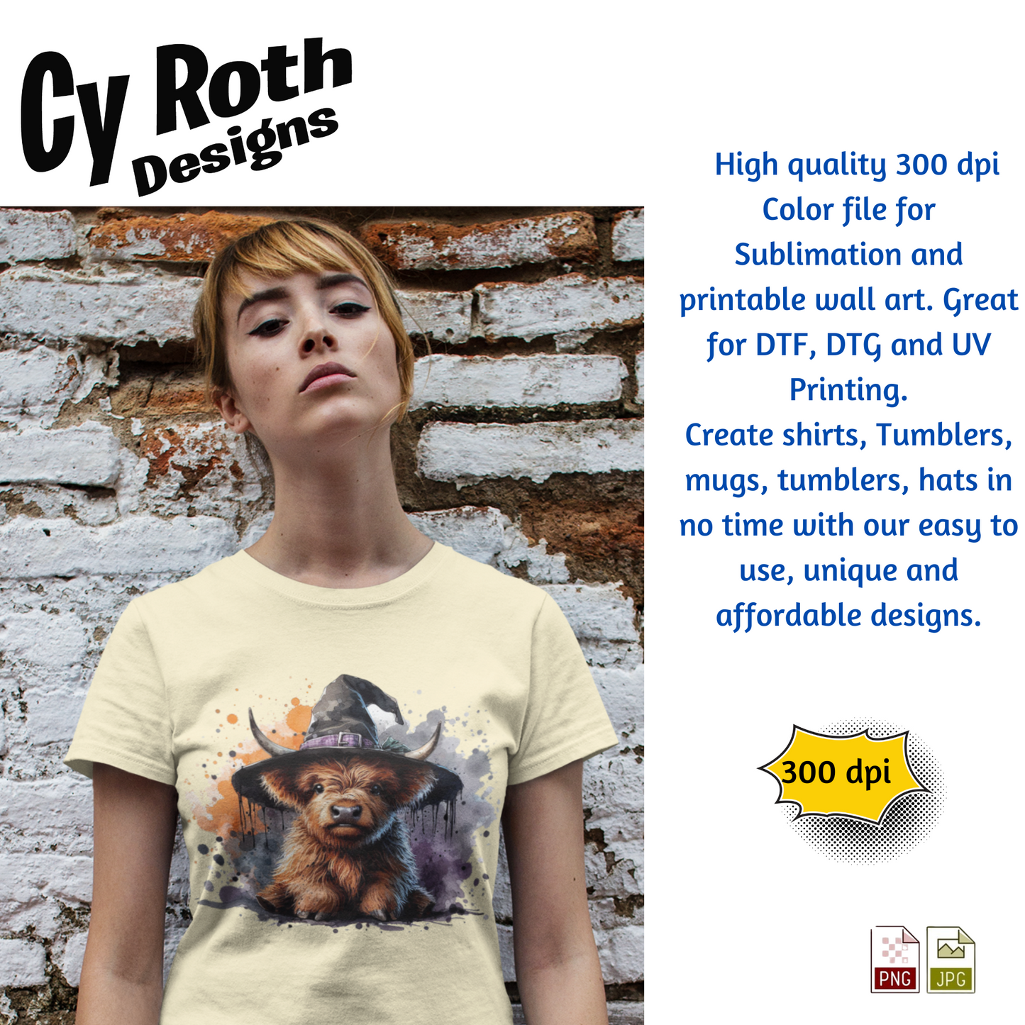 Person wearing a t-shirt with a cow wearing a witch hat design against a brick wall.