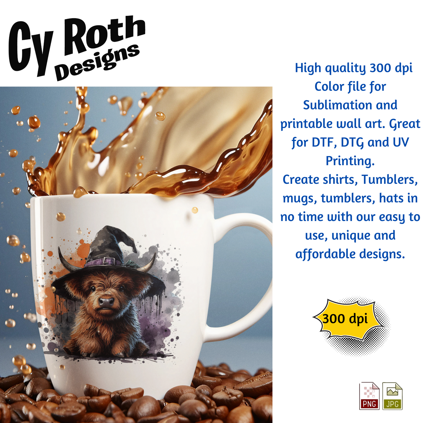Mug with highland cow and Halloween design and coffee splashes, featuring Cy Roth Designs branding.