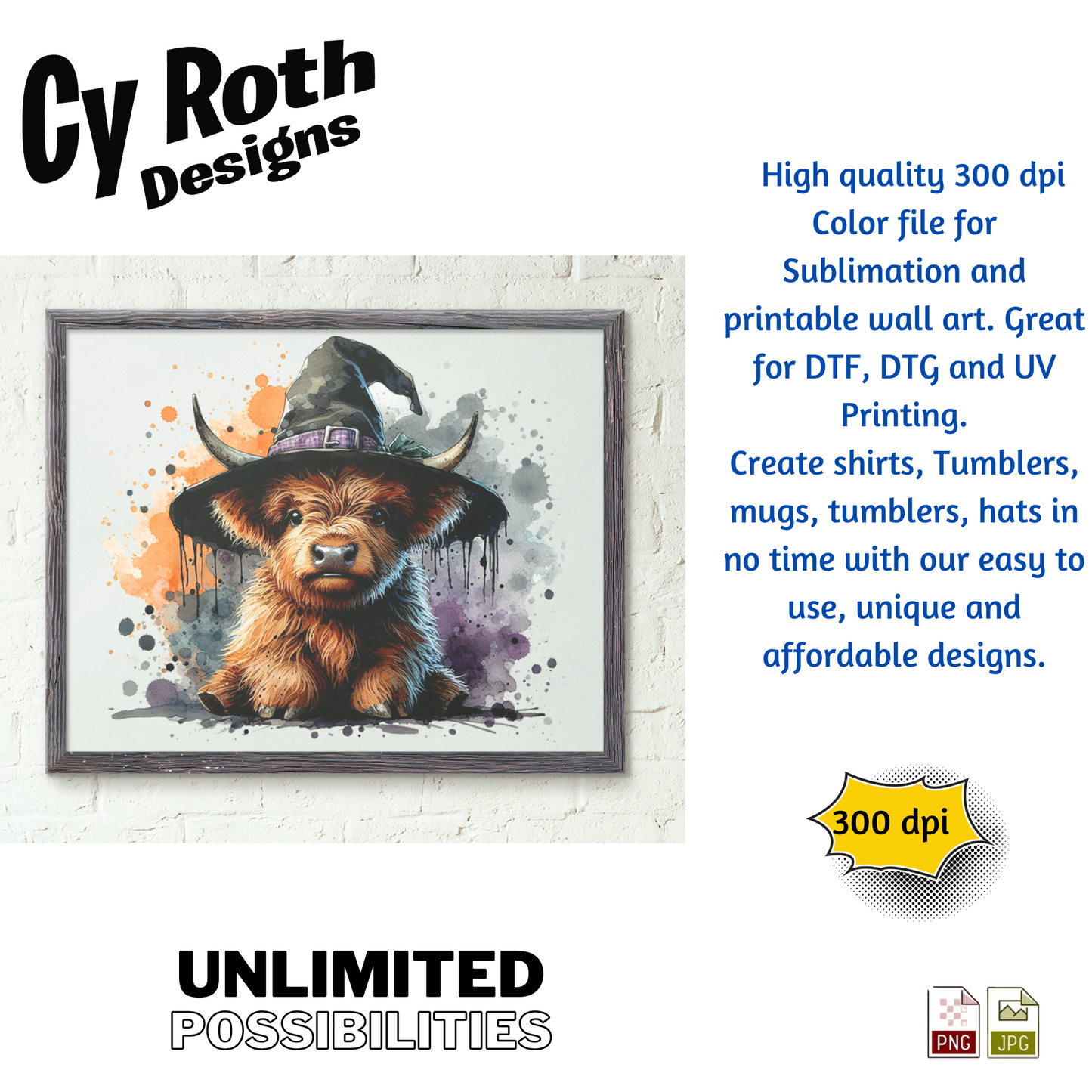 Framed artwork of a Highland cow wearing a witch hat with 'Cy Roth Designs' branding and product details.