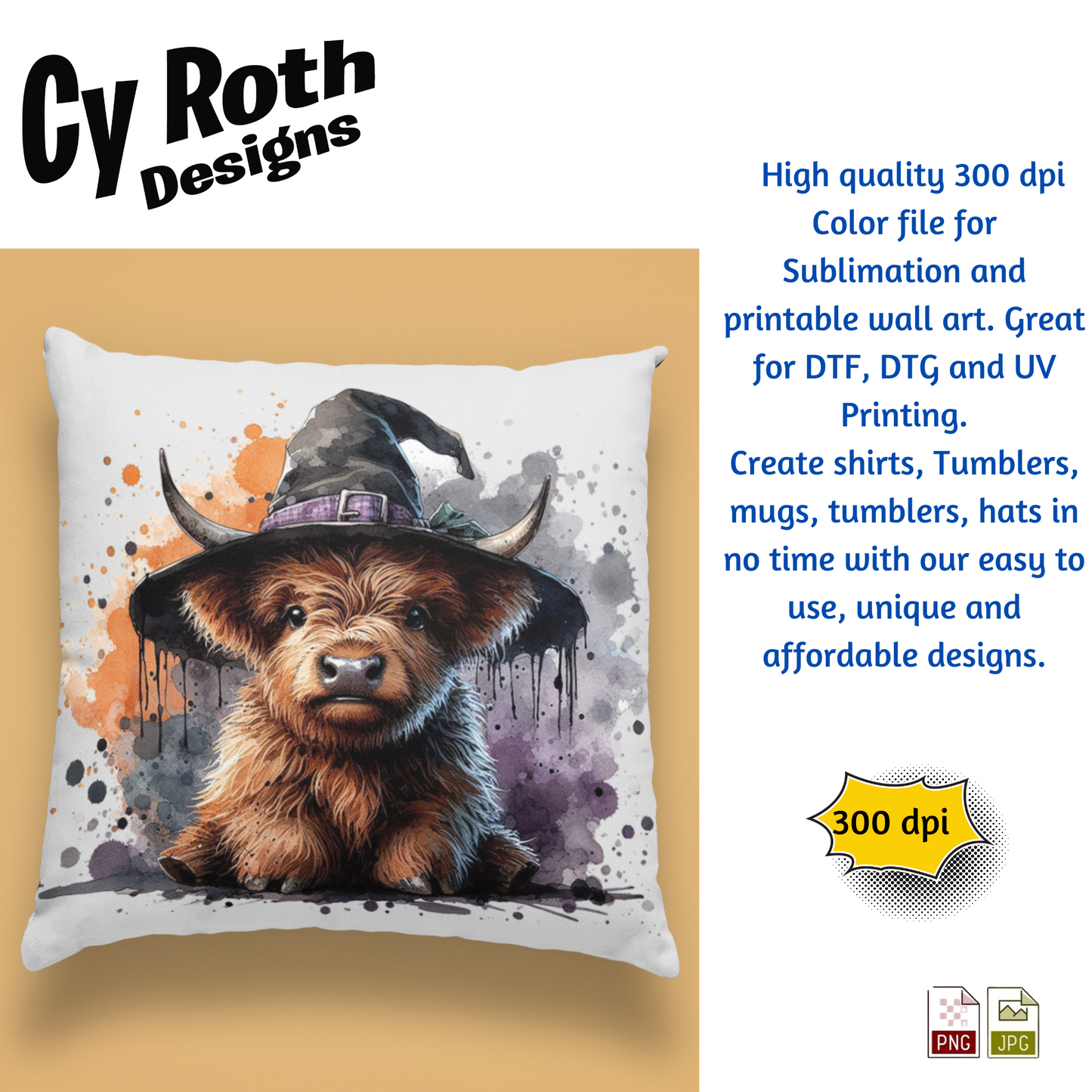 Pillow with Highland Cow wearing a witch hat design by Cy Roth Designs on a beige background.