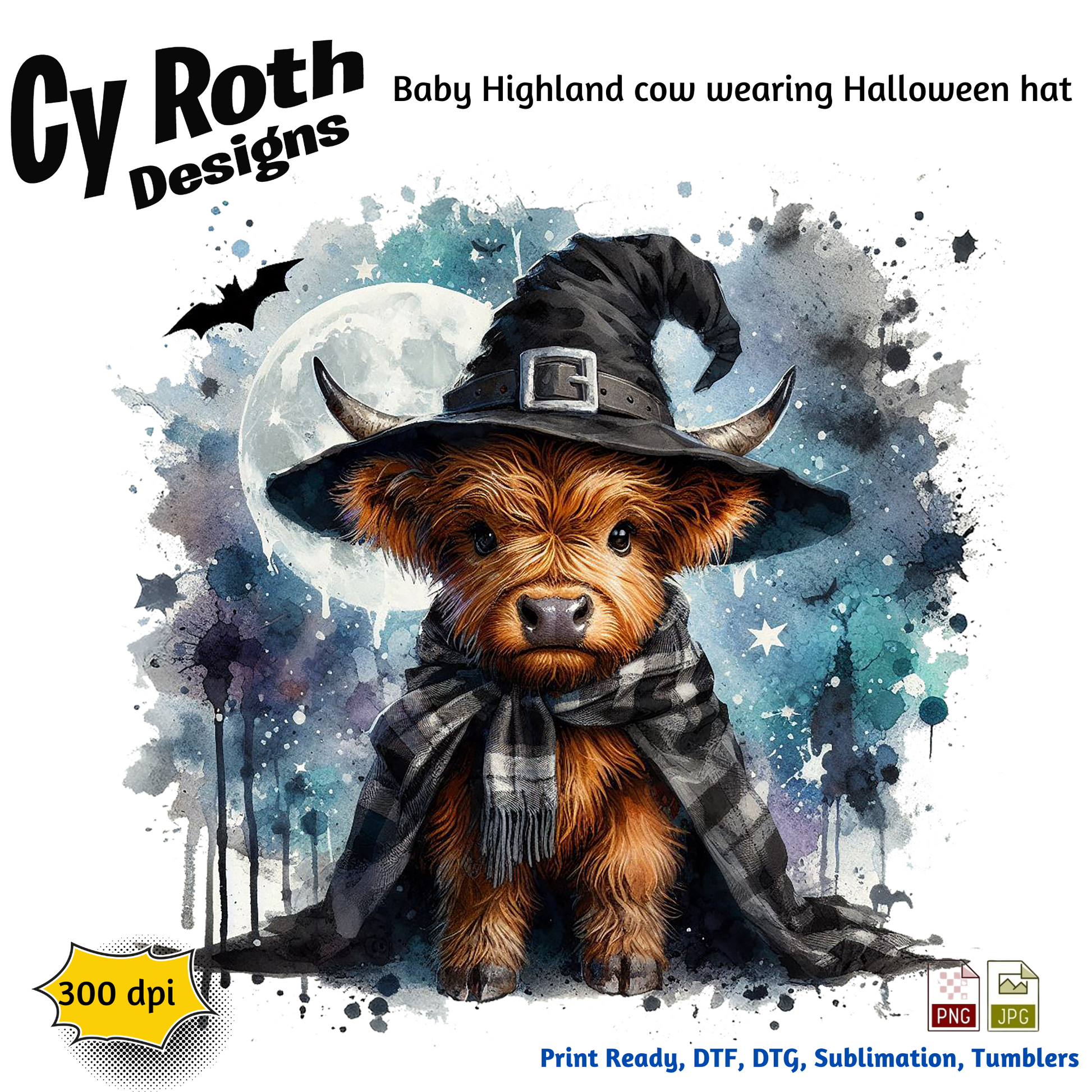 Illustration of a baby Highland cow wearing a witch hat with Halloween elements on a colorful background.