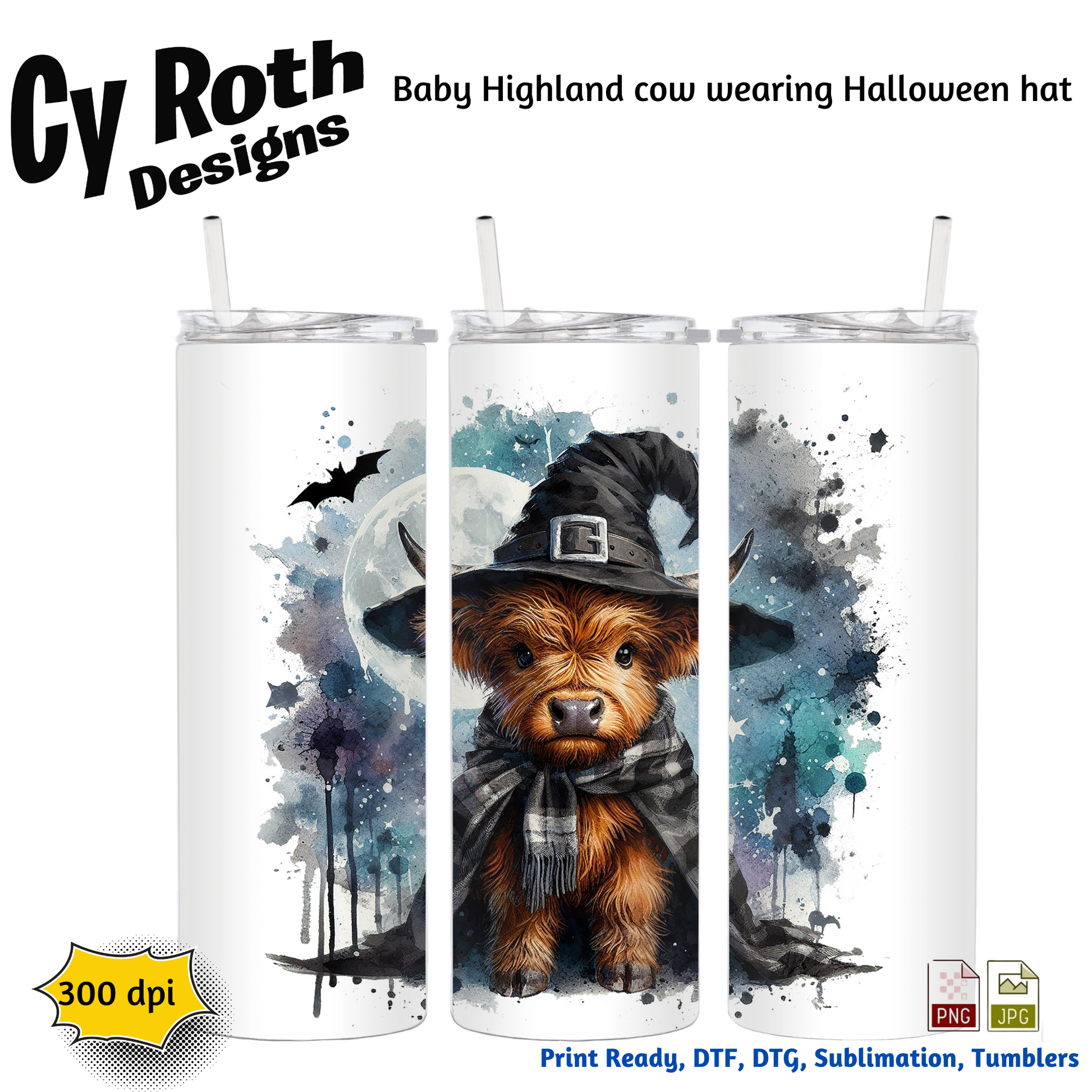 Three tumblers with a design of a Highland cow wearing a Halloween hat, branded 'Cy Roth Designs'.