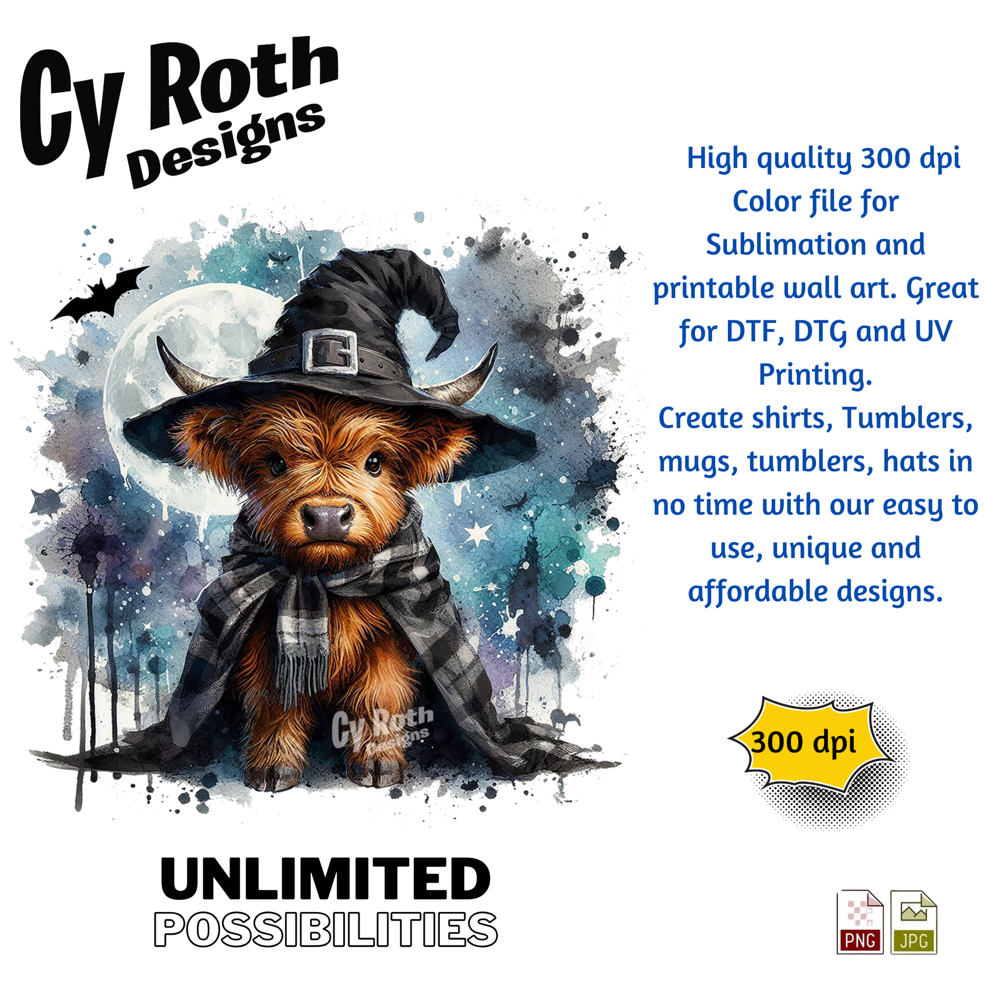 Baby Highland Cow wearing Halloween hat sublimation file to make tumblers, t-Shirts, Printable Wall Art, Sweatshirts. Great to make personalized gifts. Popular junk journal image also.