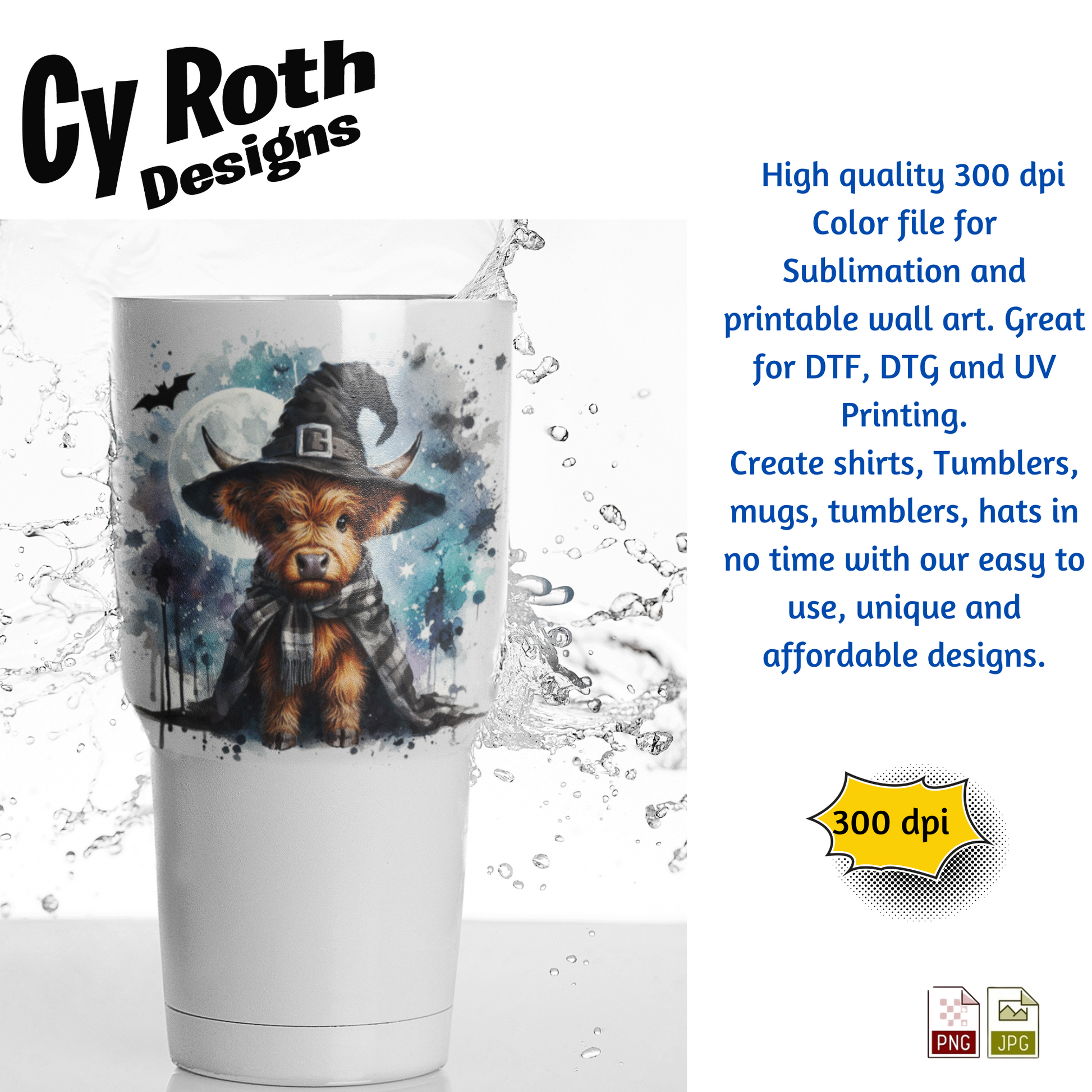 White tumbler with design of Baby Highland Cow wearing Halloween hat sublimation file to make tumblers, t-Shirts, Printable Wall Art, Sweatshirts. Great to make personalized gifts. Popular junk journal image also.