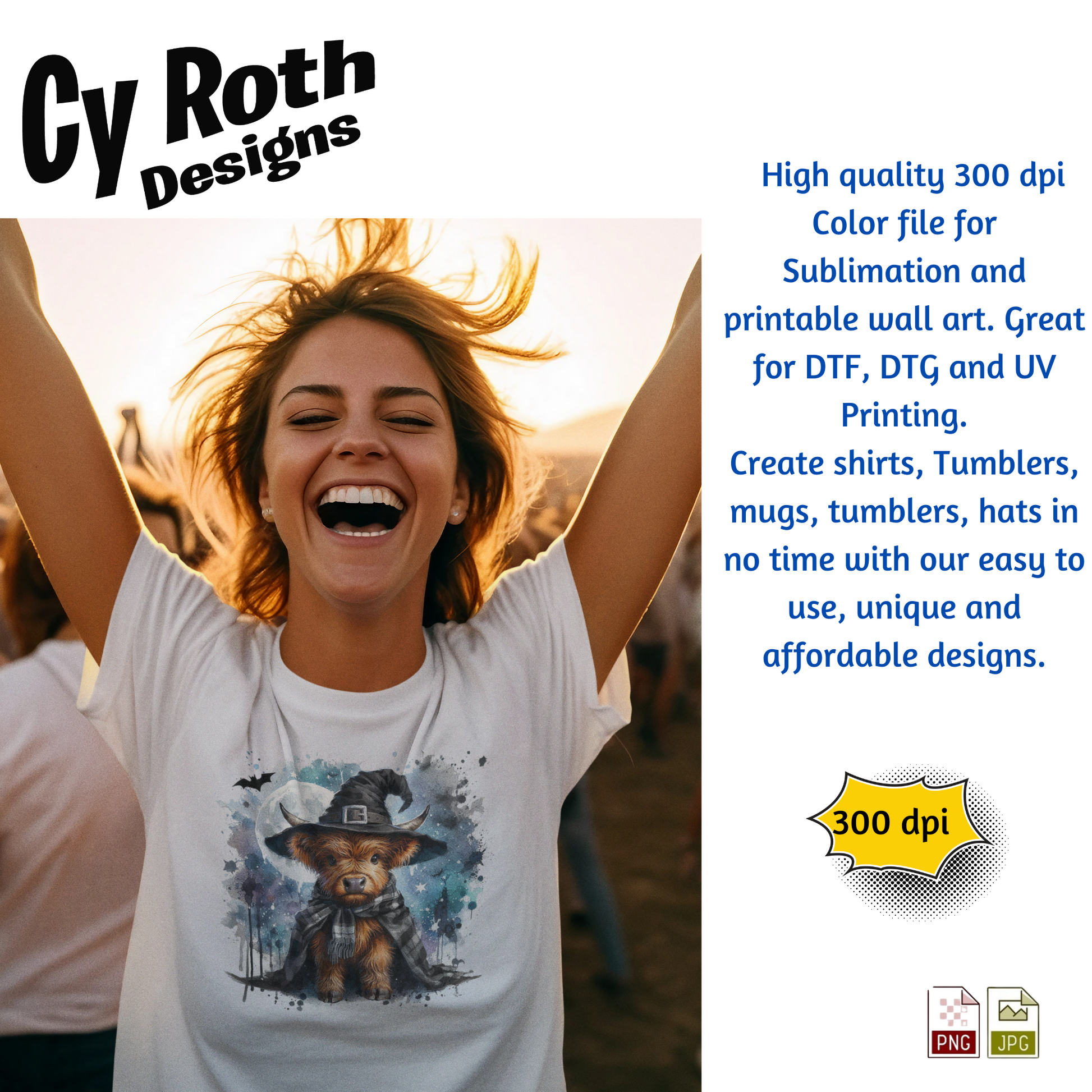 Woman wearing a t-shirt with a baby Highland cow graphic and 'Cy Roth Designs' text on a desert background