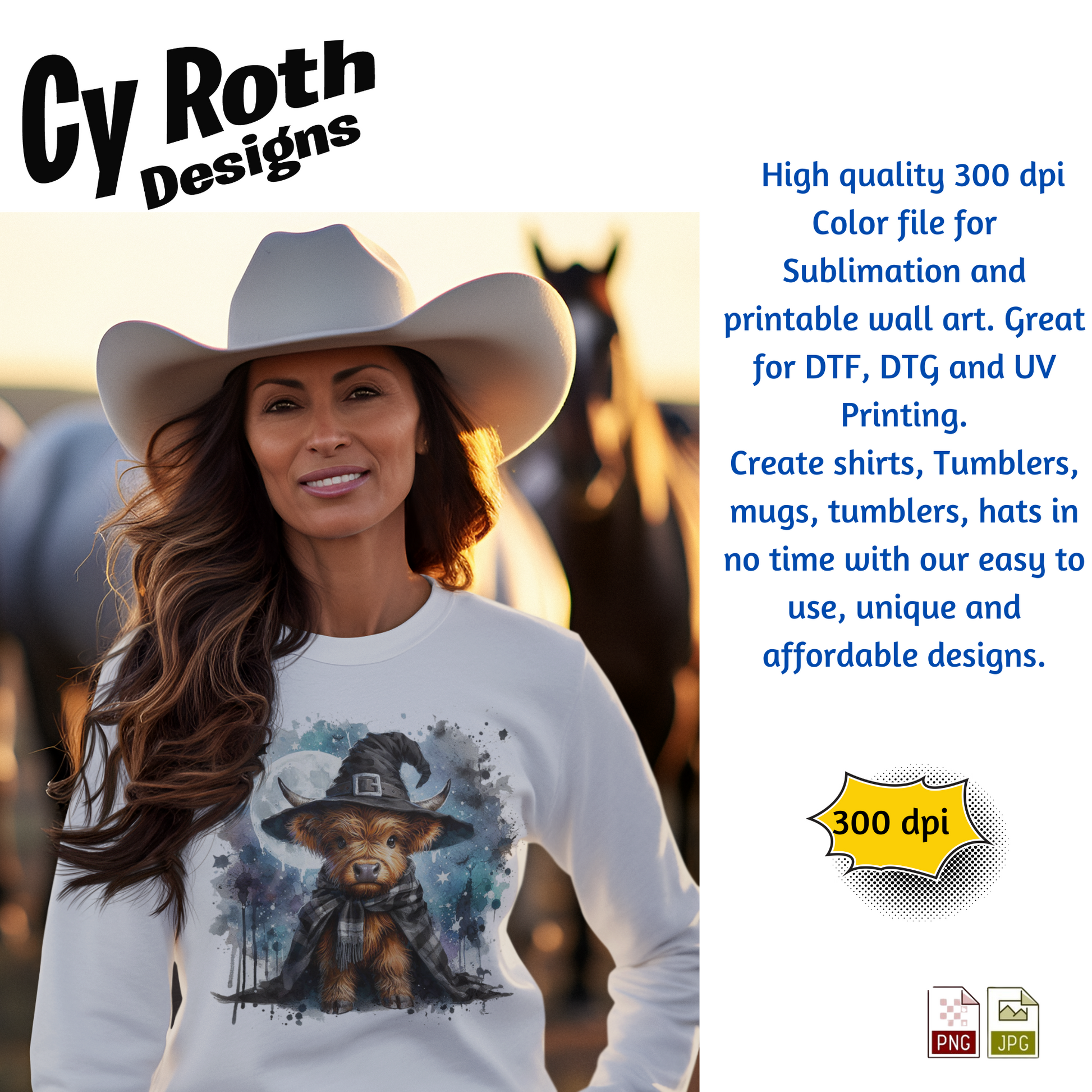 Woman wearing a sweatshirt with image of Baby Highland Cow wearing Halloween hat sublimation file to make tumblers, t-Shirts, Printable Wall Art, Sweatshirts. Great to make personalized gifts. Popular junk journal image also.