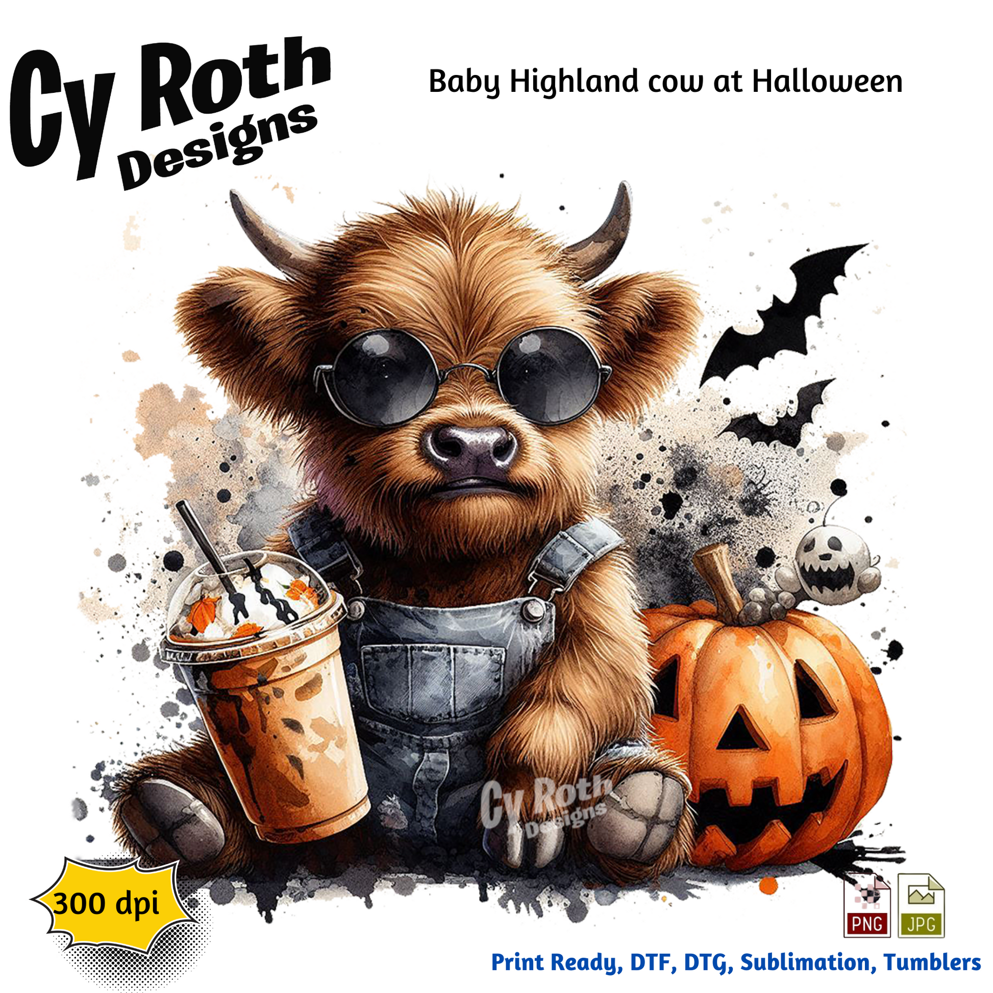Baby Highland Cow at Halloween sublimation file to make tumblers, t-Shirts, Printable Wall Art, Sweatshirts. Great to make personalized gifts. Popular junk journal image also.