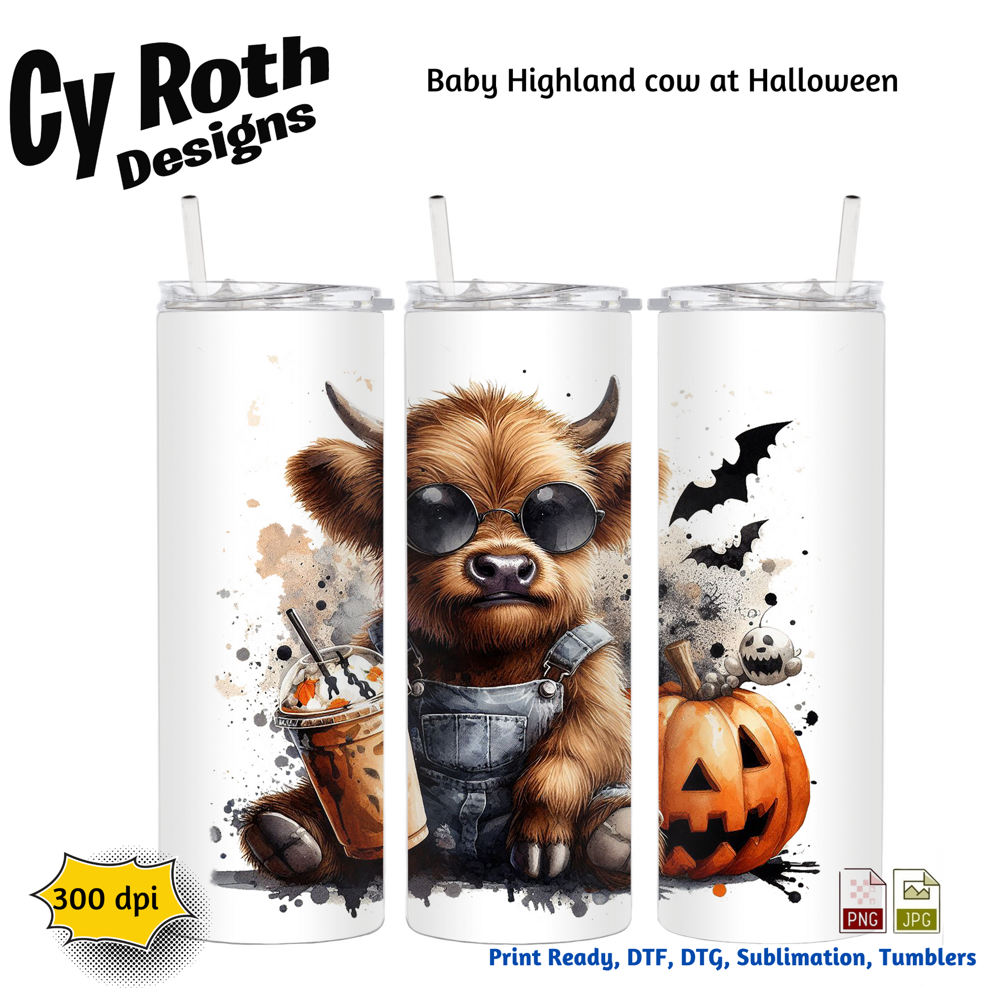 Tumblers with a baby Highland cow design at Halloween, featuring a pumpkin, bat, and coffee cup.