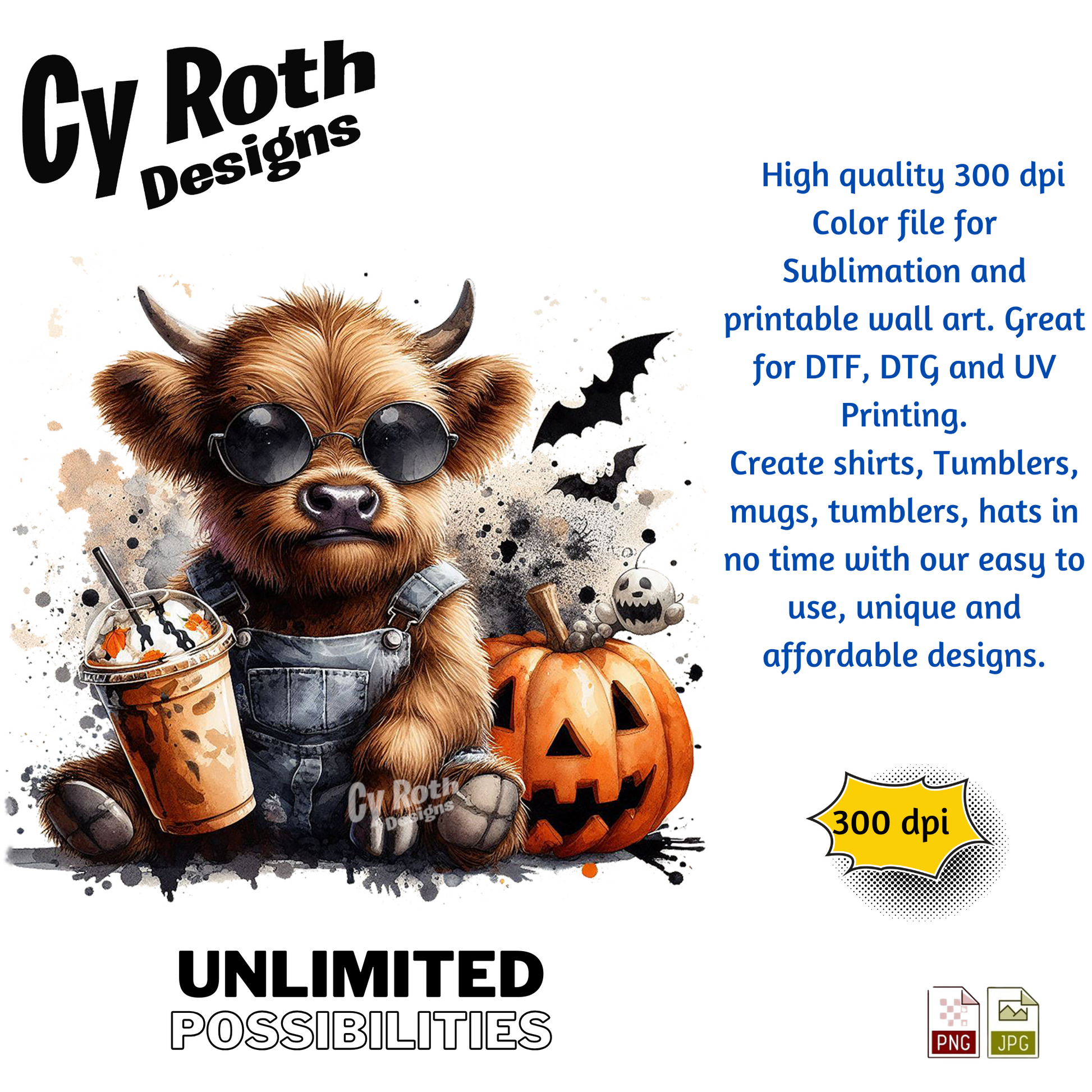 Baby Highland Cow at Halloween sublimation file to make tumblers, t-Shirts, Printable Wall Art, Sweatshirts. Great to make personalized gifts. Popular junk journal image also.