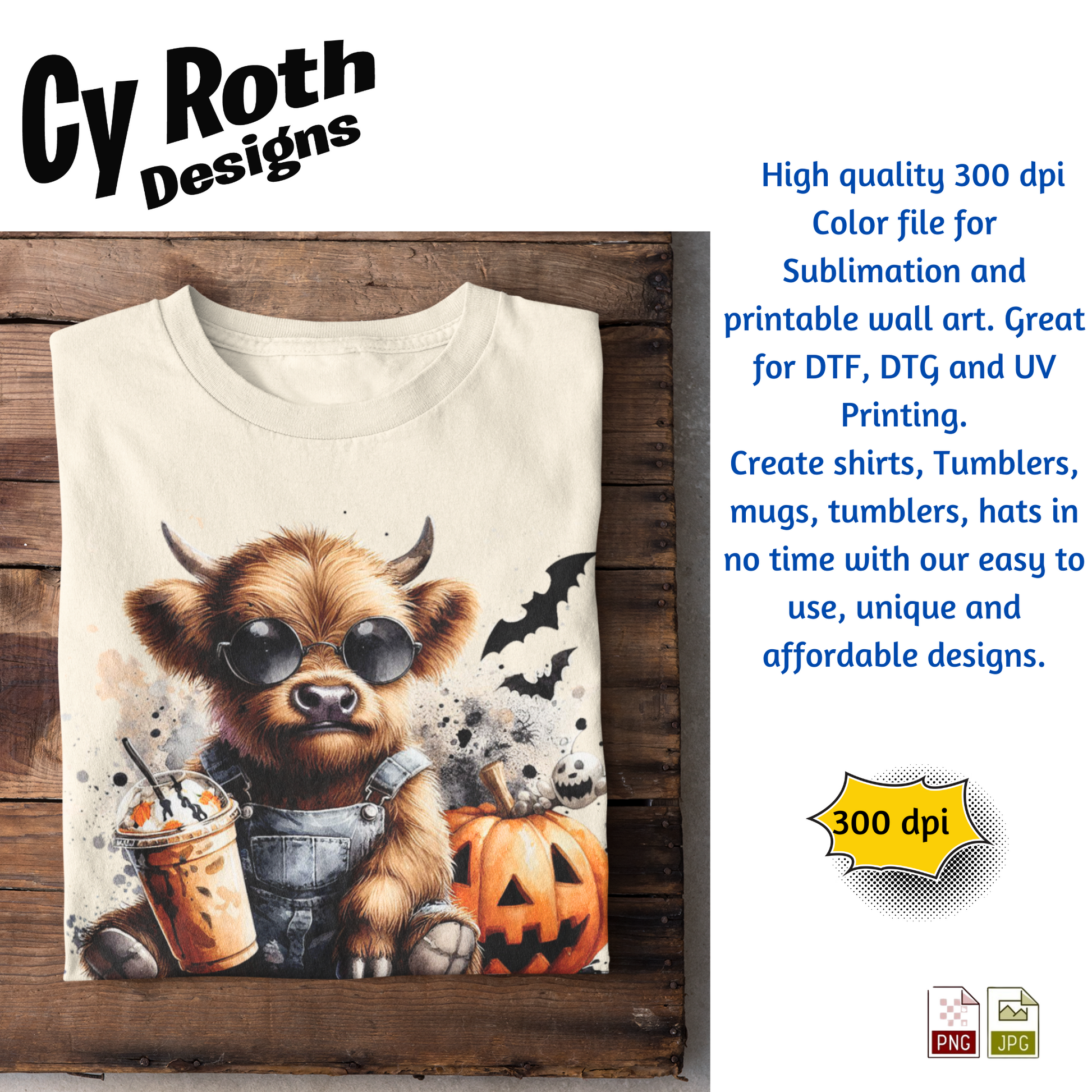 T-shirt with a Highland cow design featuring sunglasses, a pumpkin, and a drink on a wooden background. Cy Roth Designs branding is visible.