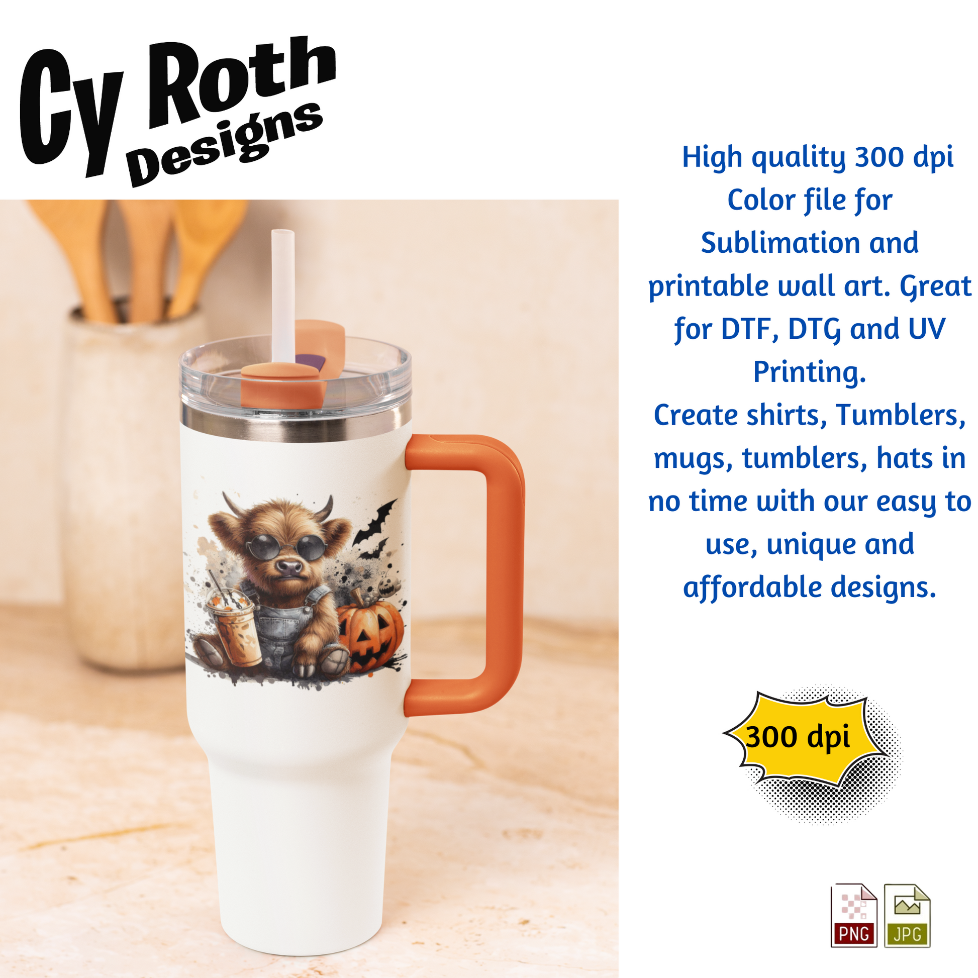 Travel mug with a design of Highland cow holding a pumpkin and a drink, on a wooden surface with 'Cy Roth Designs' branding.