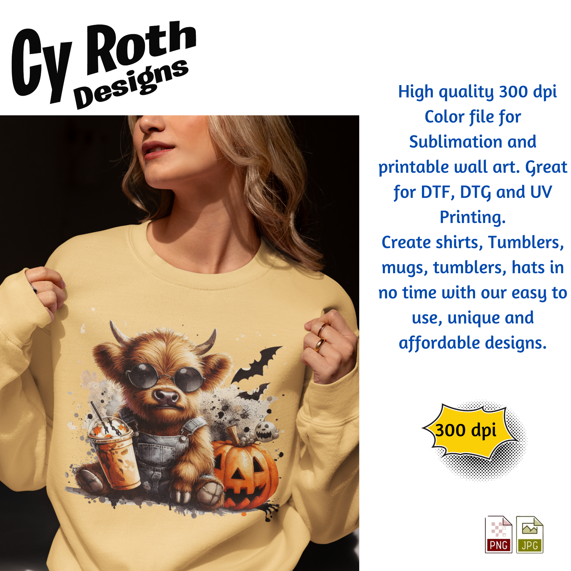 Person wearing a yellow sweatshirt with a Halloween-themed design, featuring text about Cy Roth Designs and product details.