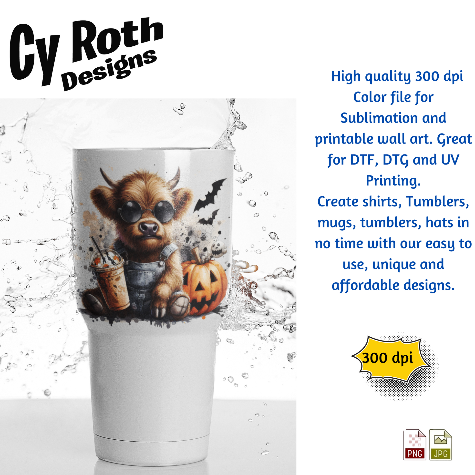 White tumbler with a design of a Highland cow holding a coffee cup and pumpkin, branded 'Cy Roth Designs'.
