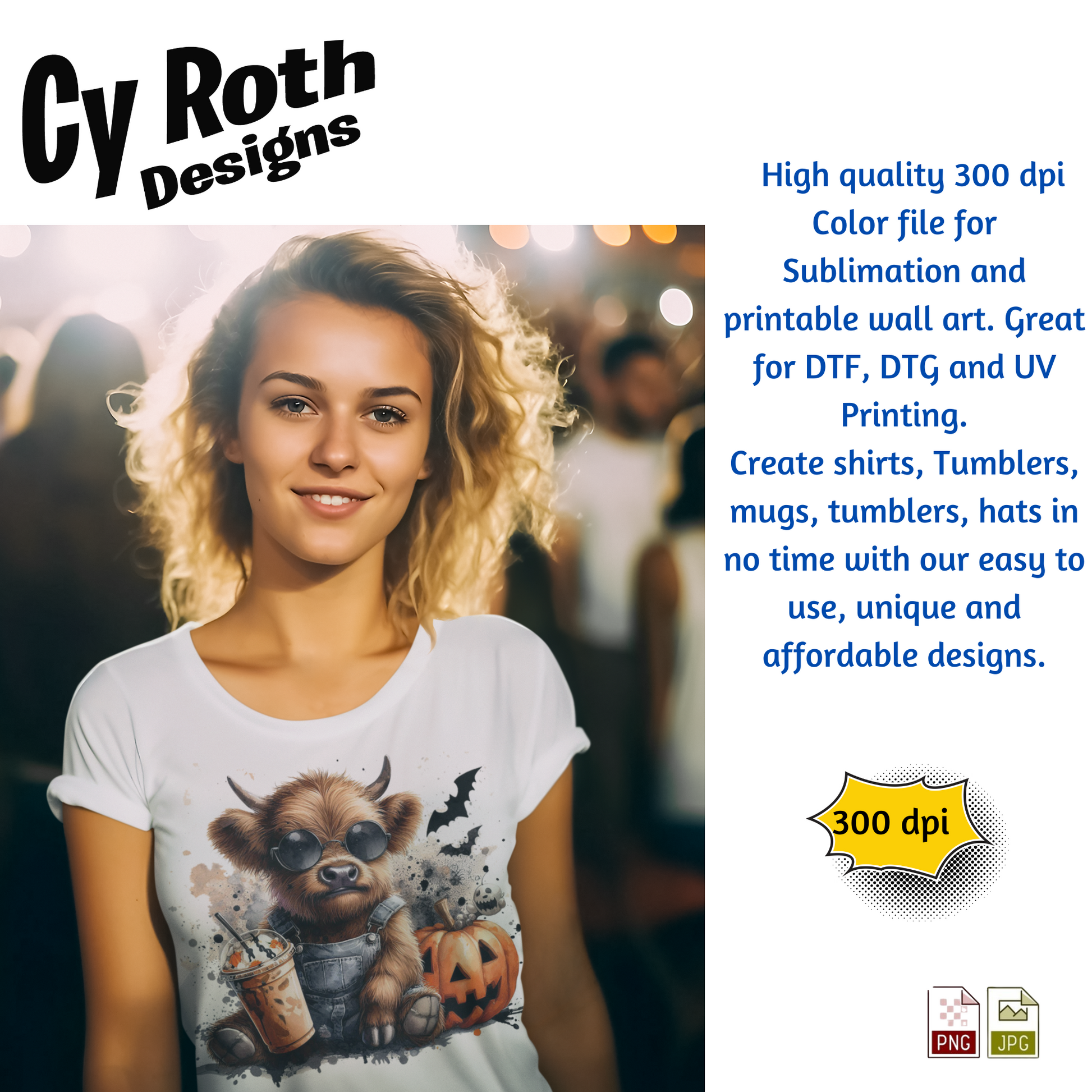 Woman wearing a t-shirt with a graphic design of a Highland cow holding a coffee cup and a pumpkin, with 'Cy Roth Designs' branding.