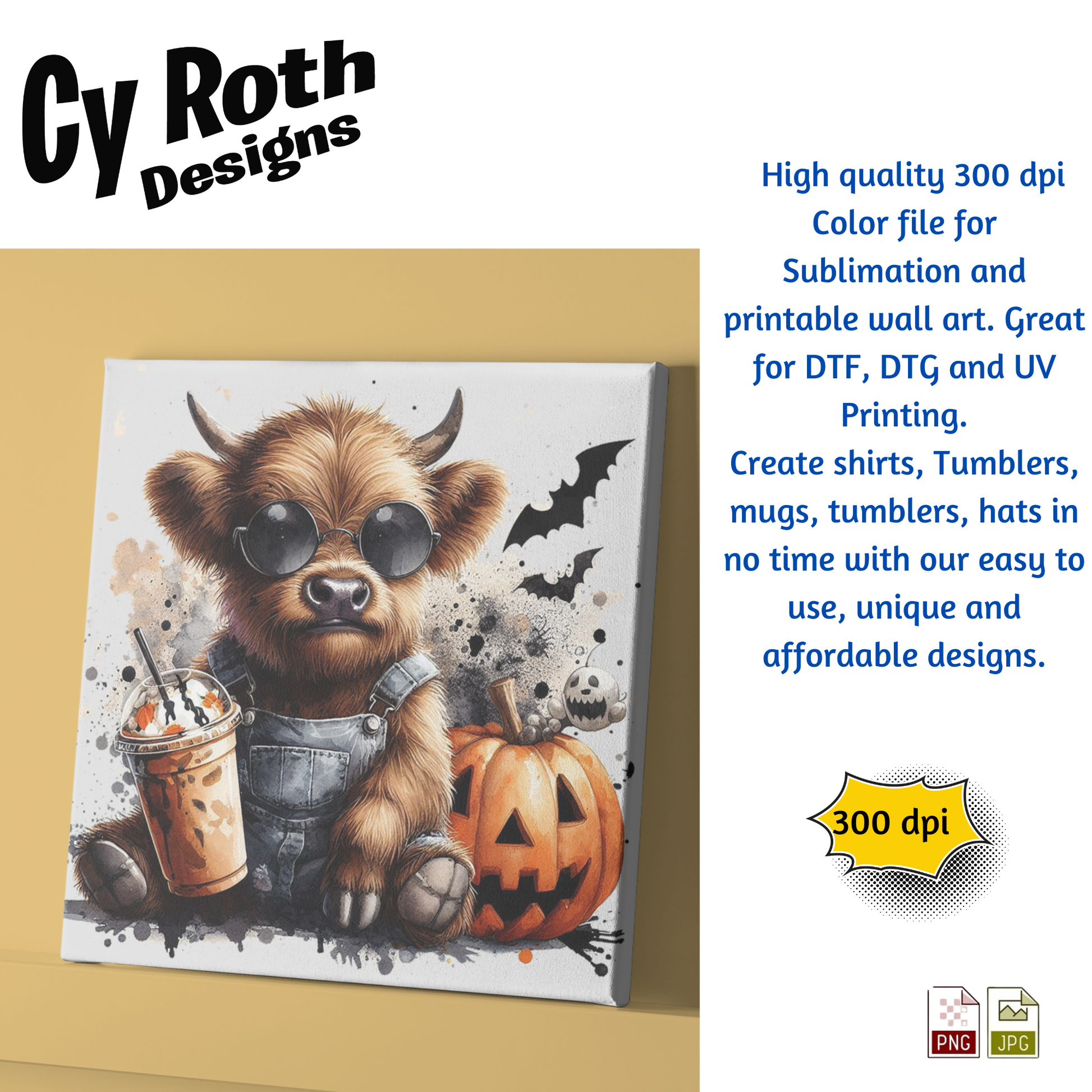 Canvas print with a Highland cow wearing sunglasses, holding a pumpkin and a drink, on a beige background. Cy Roth Designs branding is visible.