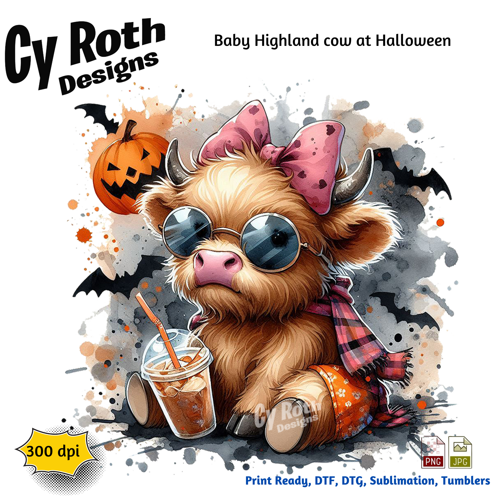 Baby Highland Cow at Halloween sublimation file to make tumblers, t-Shirts, Printable Wall Art, Sweatshirts.