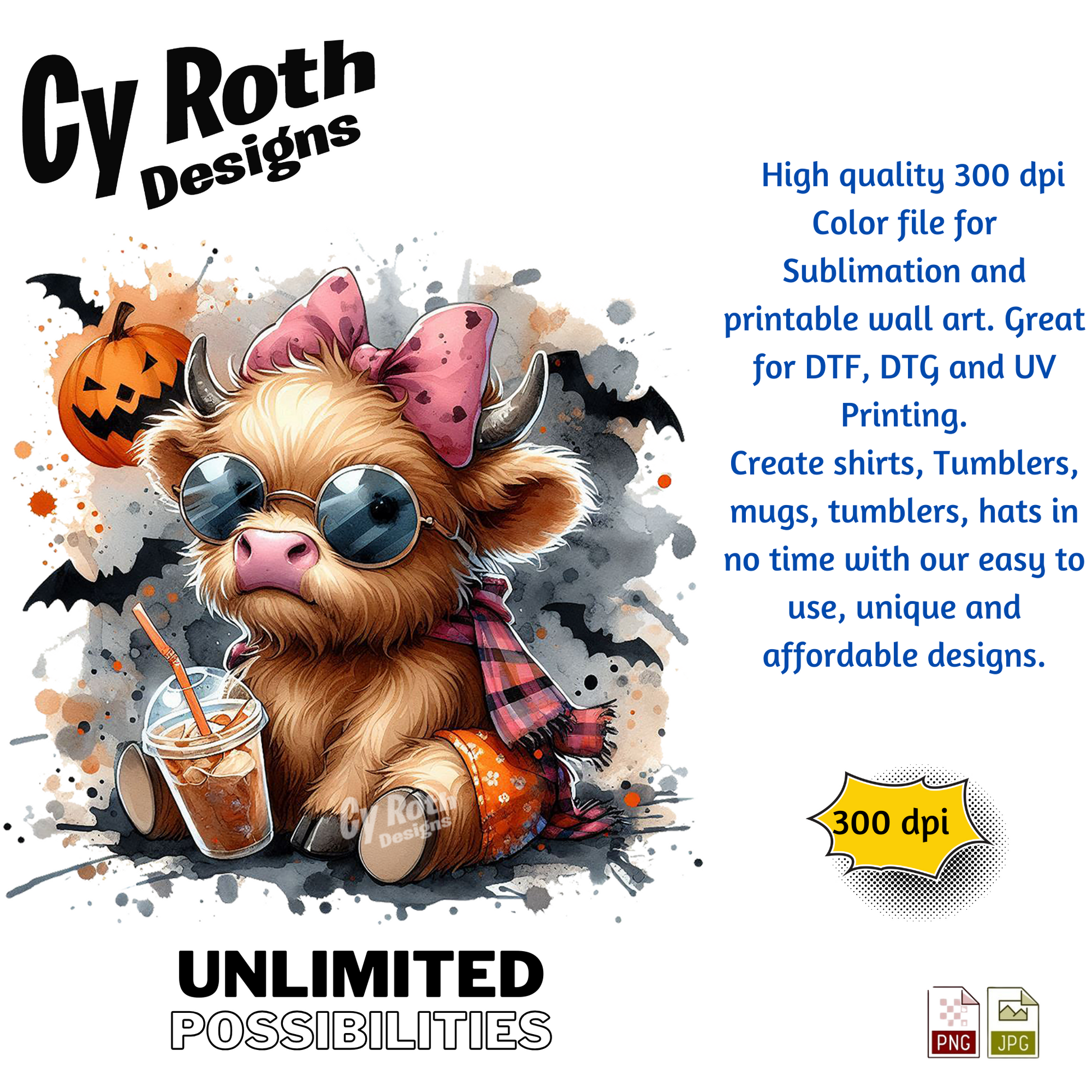 Baby Highland Cow at Halloween sublimation file to make tumblers, t-Shirts, Printable Wall Art, Sweatshirts.