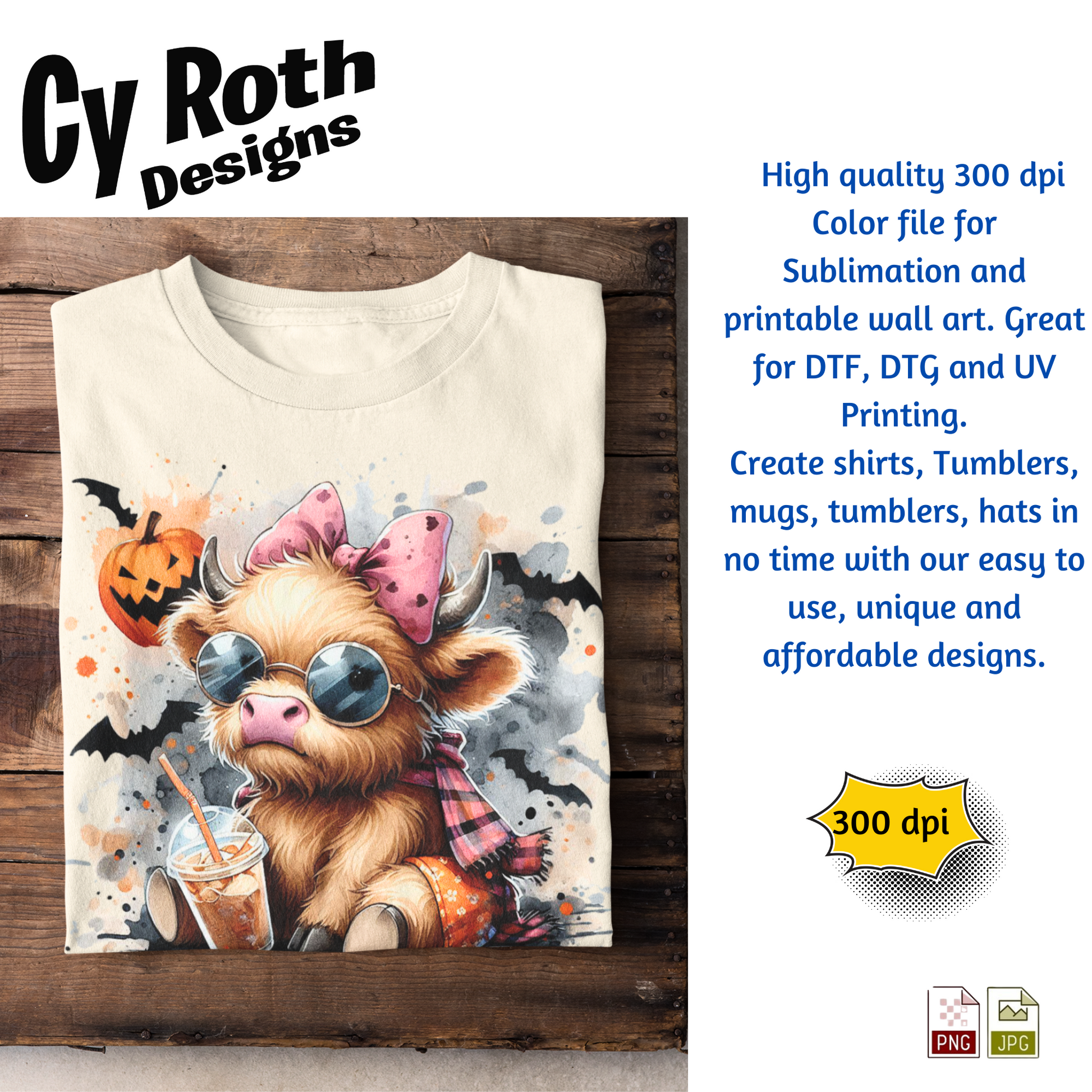 T-shirt with a cow design featuring sunglasses, a bow, and a drink, on a wooden surface with Cy Roth Designs branding.