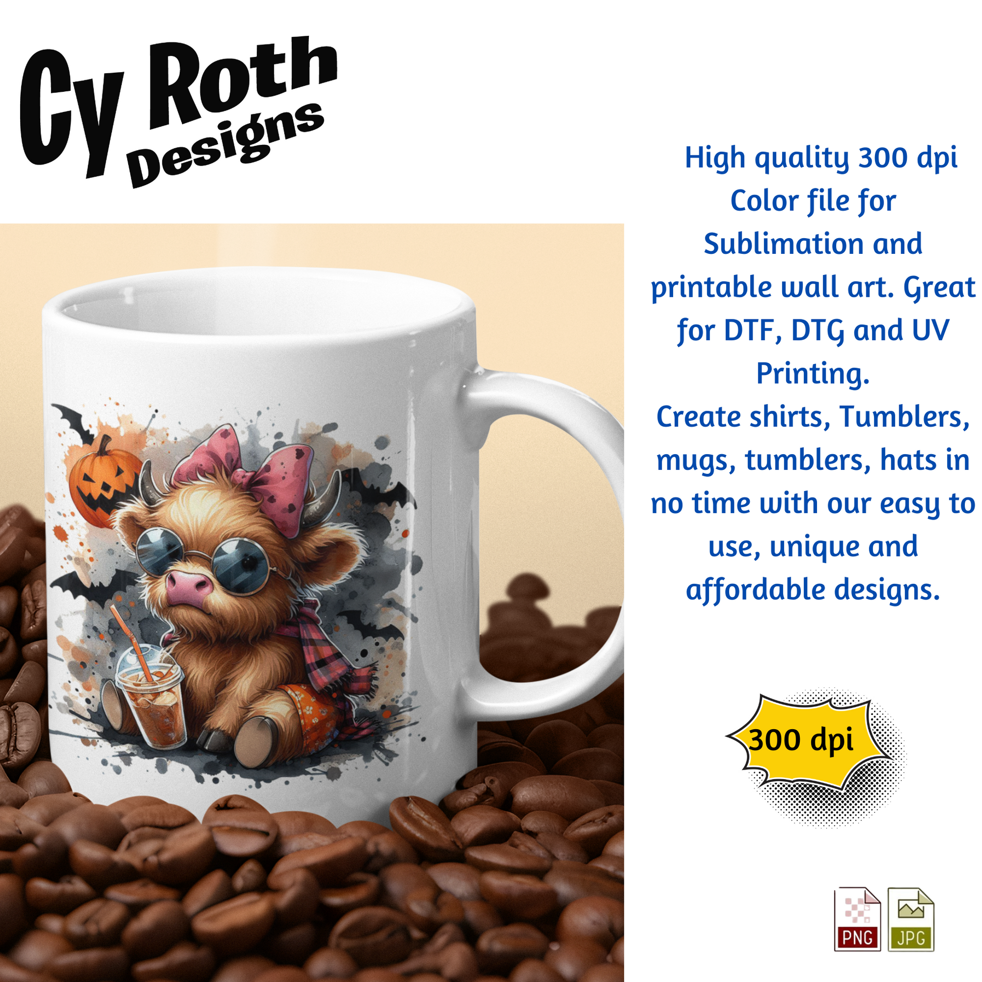 Coffee mug with image of Baby Highland Cow at Halloween. This is a sublimation file to make tumblers, t-Shirts, Printable Wall Art, Sweatshirts.