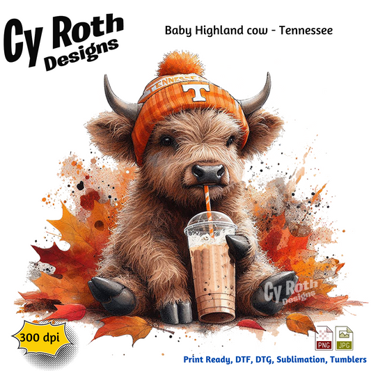 Tennessee Highland Cow Sublimation PNG JPG file, Wall Art 20oz skinny Tumbler, shirt PNG, Junk Journal image