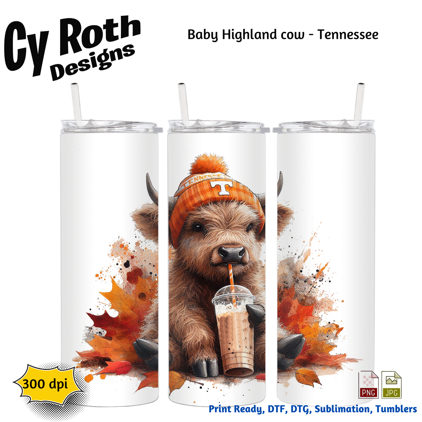 Tennessee Highland Cow Sublimation PNG JPG file, Wall Art 20oz skinny Tumbler, shirt PNG, Junk Journal image